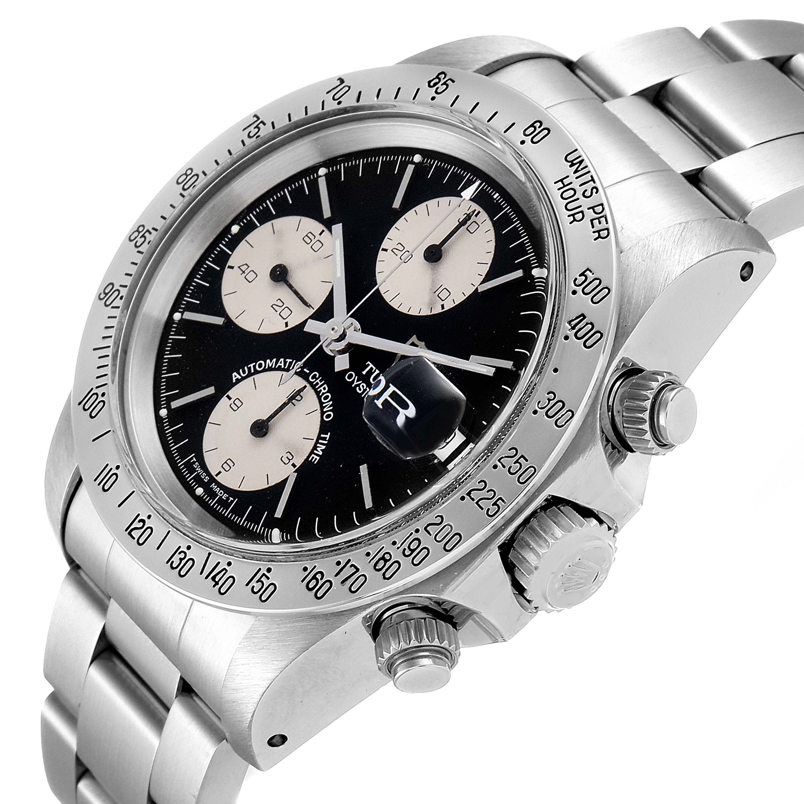 The image shows a Tudor Prince 79180 Men
s Stainless Steel Black Dial 79180 Men
s Stainless Steel Black Dial watch at an oblique angle, highlighting its face, bezel, crown, and pushers.