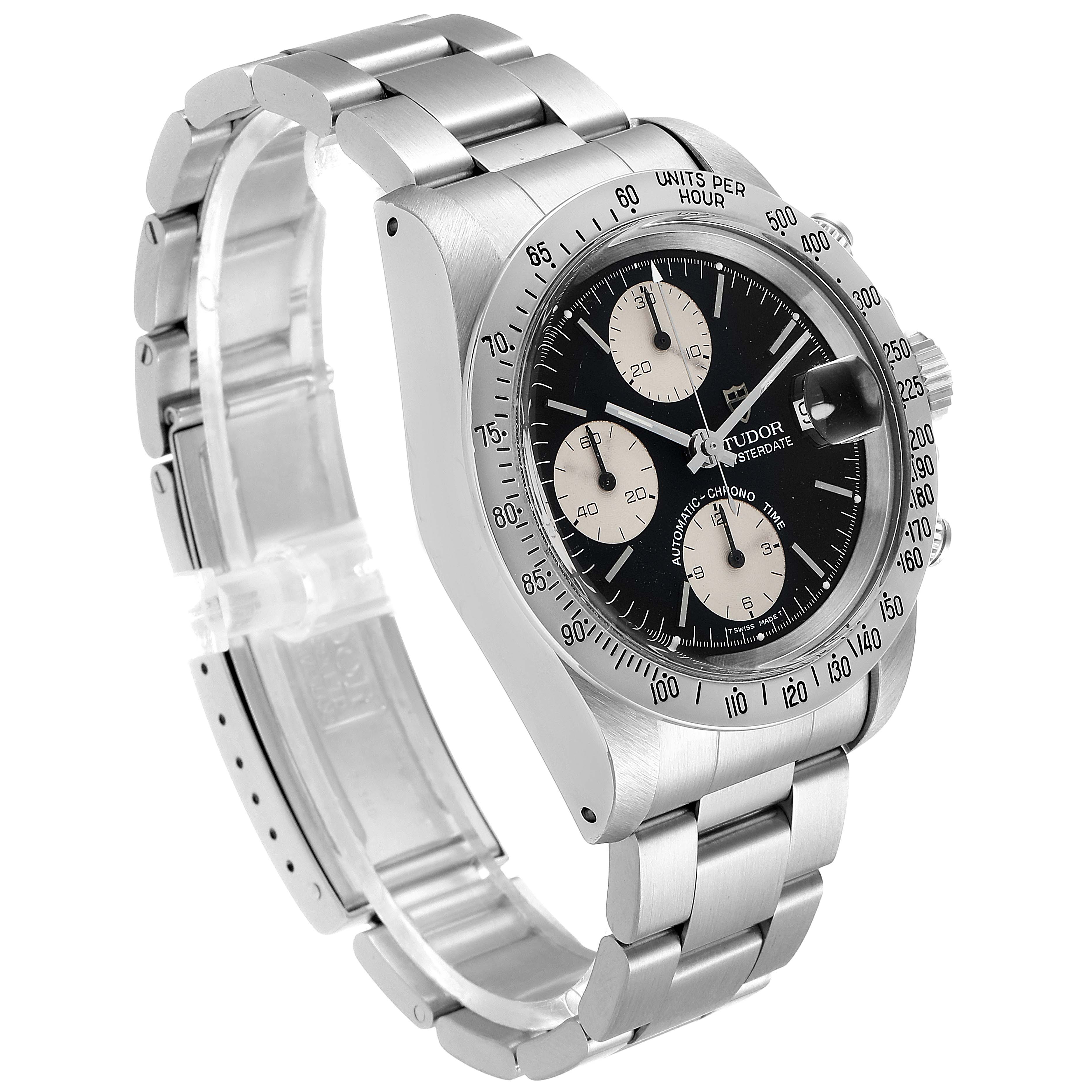 The Tudor Prince 79180 Men
s Stainless Steel Black Dial 79180 Men
s Stainless Steel Black Dial model watch is shown from a three-quarter angle, highlighting the bracelet, bezel, and dial.