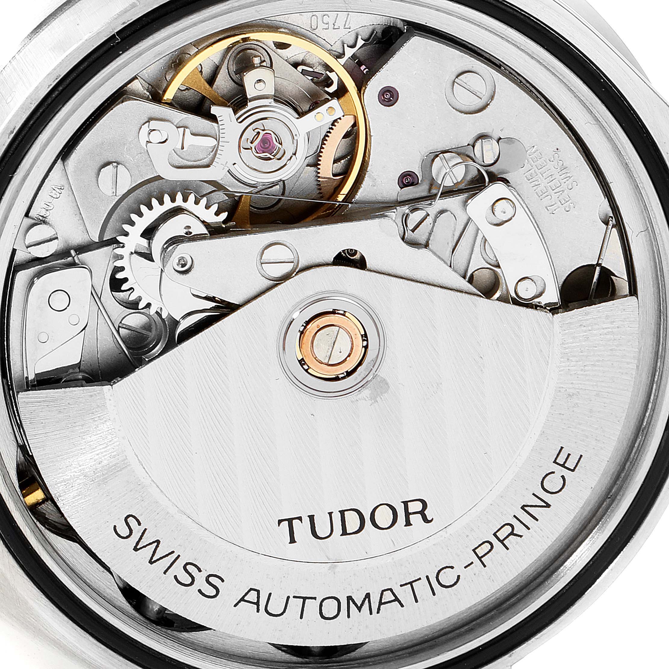 This shows the internal mechanism of the Tudor Prince 79180 Men
s Stainless Steel Black Dial 79180 Men
s Stainless Steel Black Dial model watch at a close-up angle.