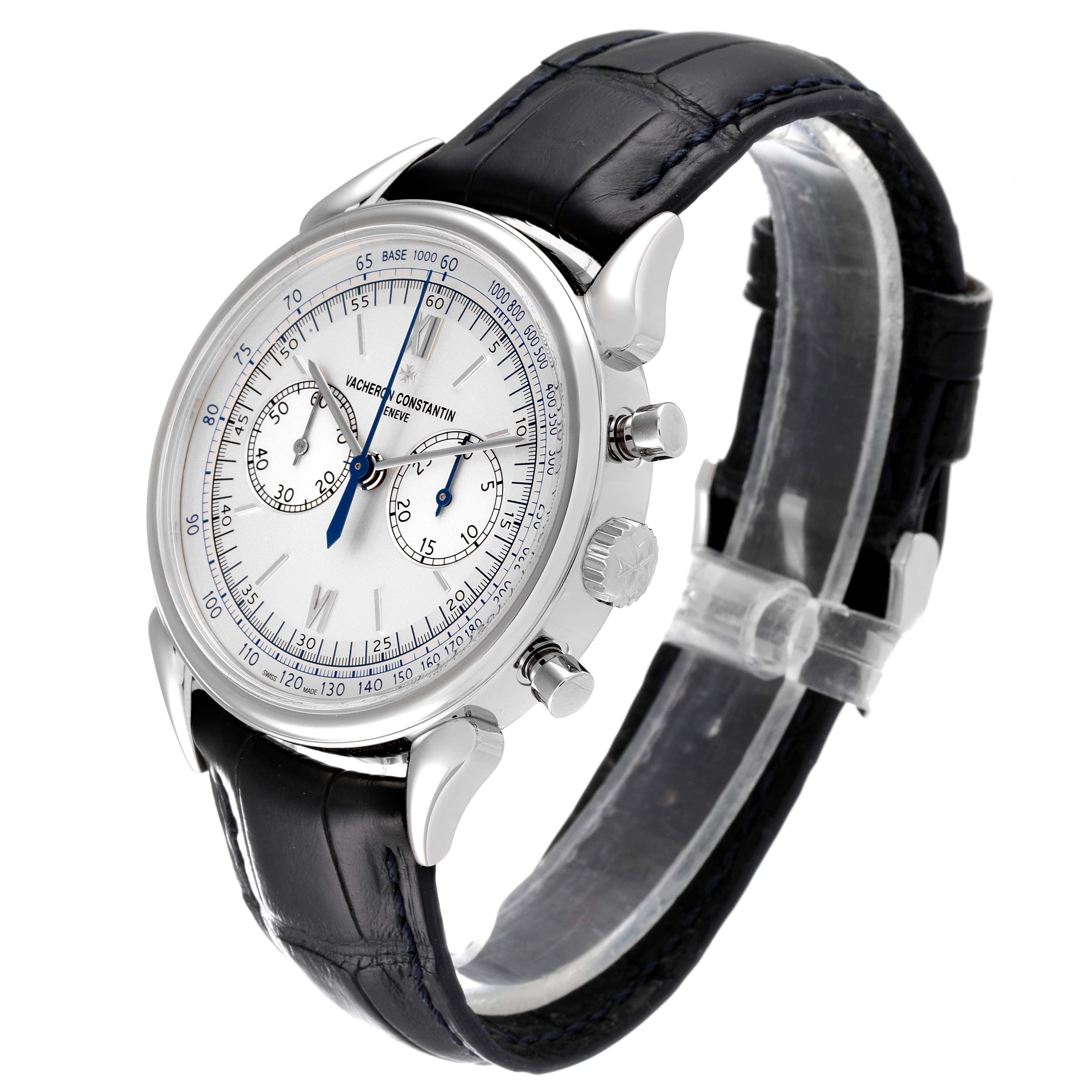 The image shows a Vacheron Constantin Vintage watch from a three-quarter angle, highlighting its dial, chronograph buttons, and leather strap.