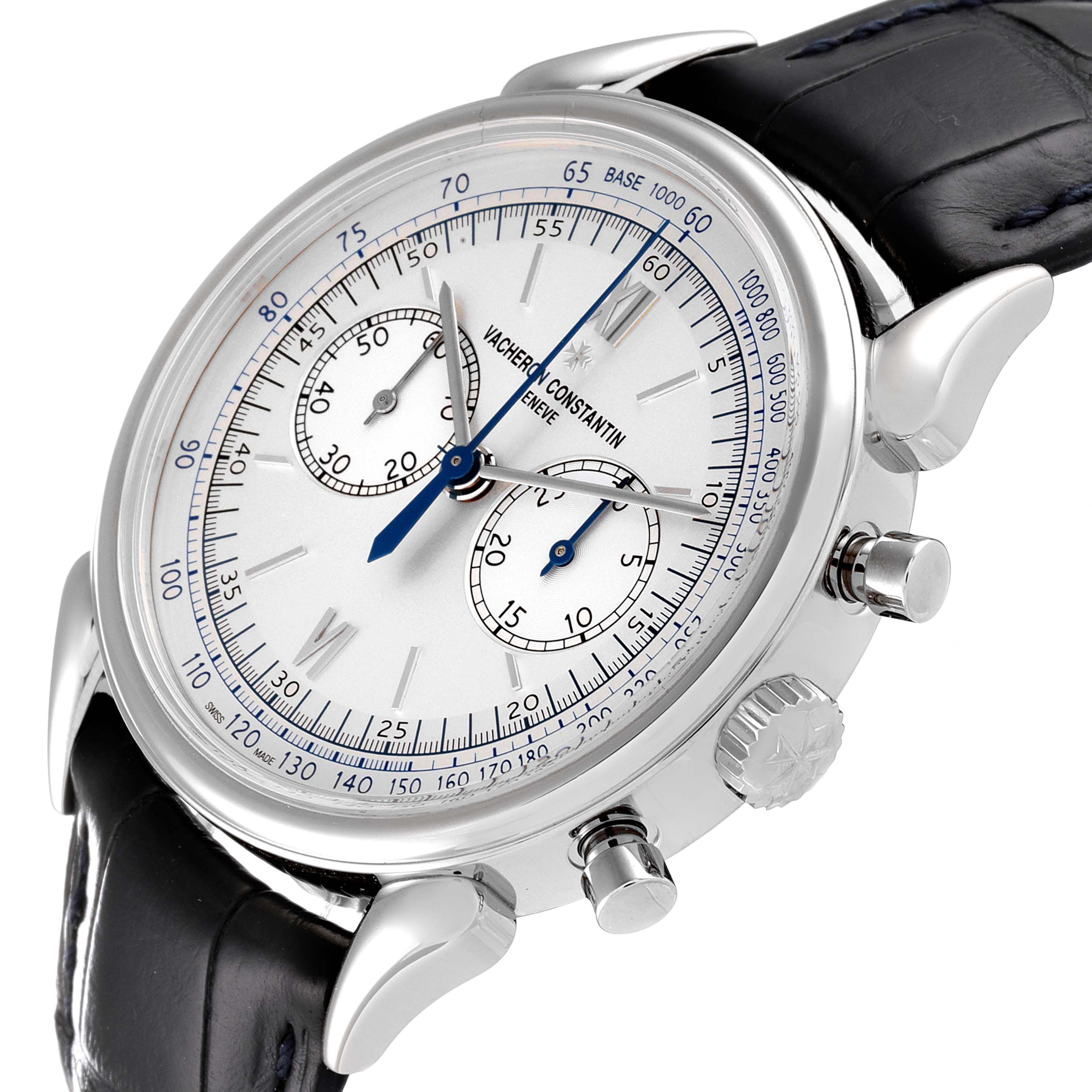 This image shows a Vacheron Constantin Vintage watch at an angled view, highlighting the dial, crown, pushers, and part of the leather strap.