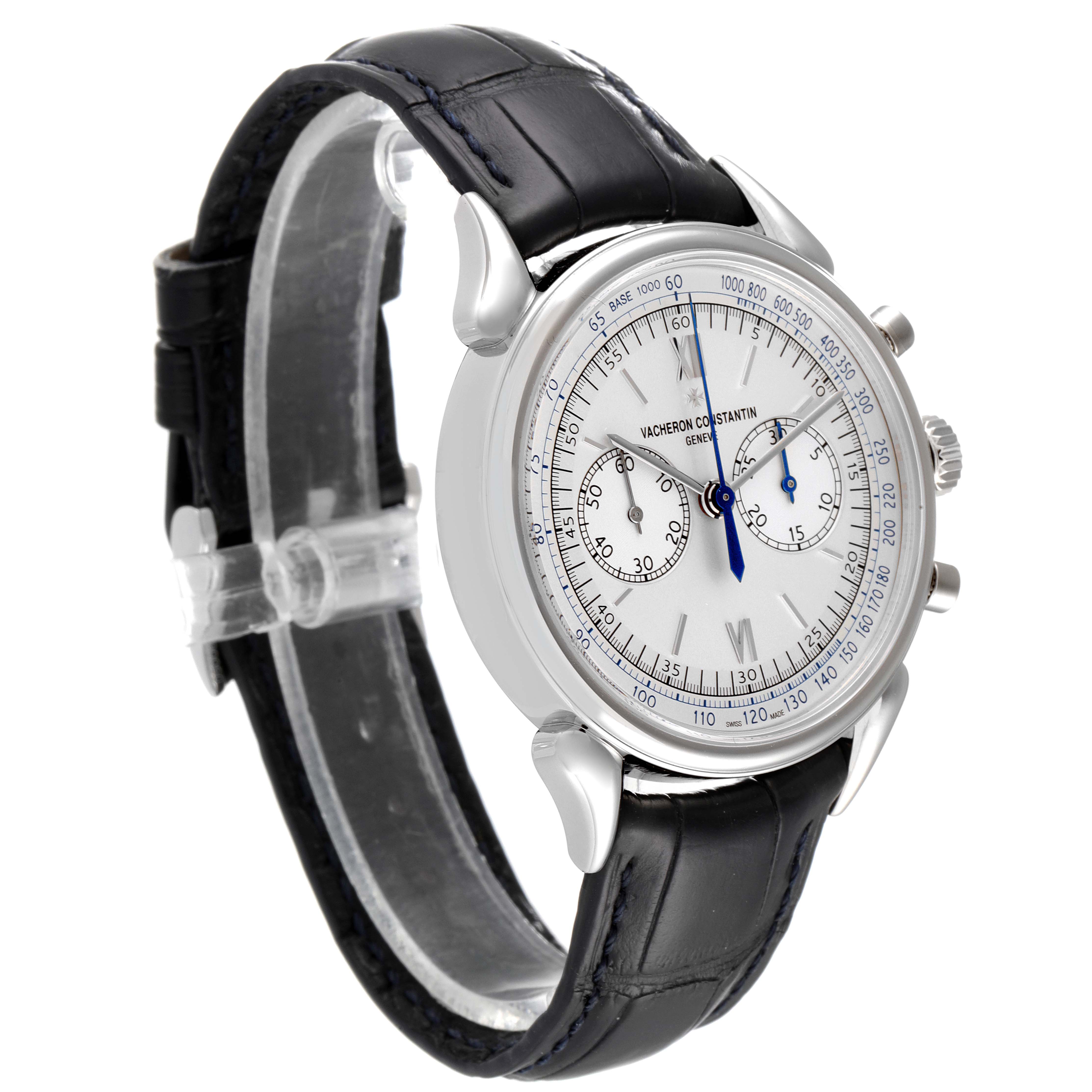 The image shows a Vacheron Constantin vintage watch, angled to display its face, black leather strap, and chronograph dials.