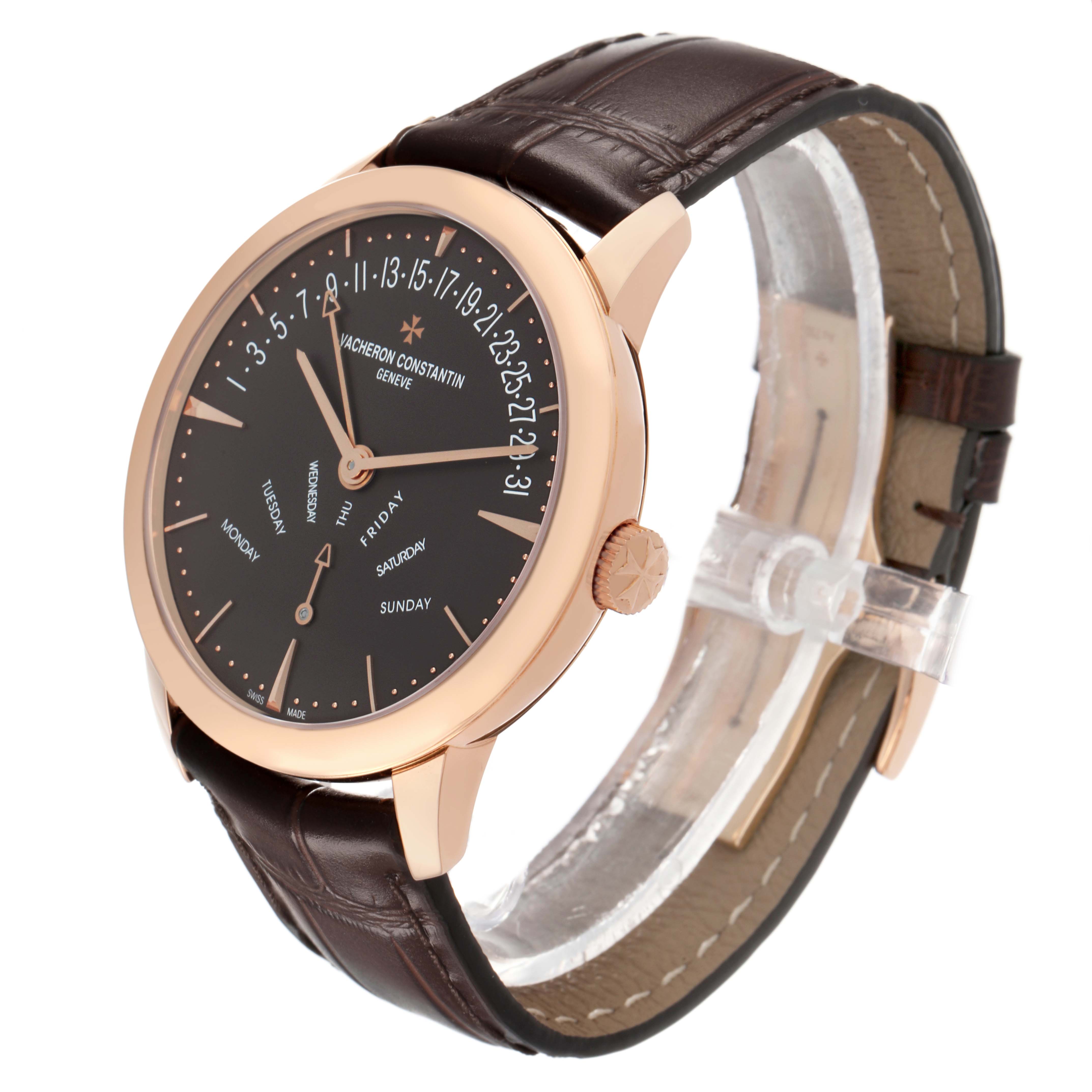 The Vacheron Constantin Patrimony 86020 Men's Rose Gold Grey Dial watch is shown from a side angle displaying the dial, crown, case, and leather strap.