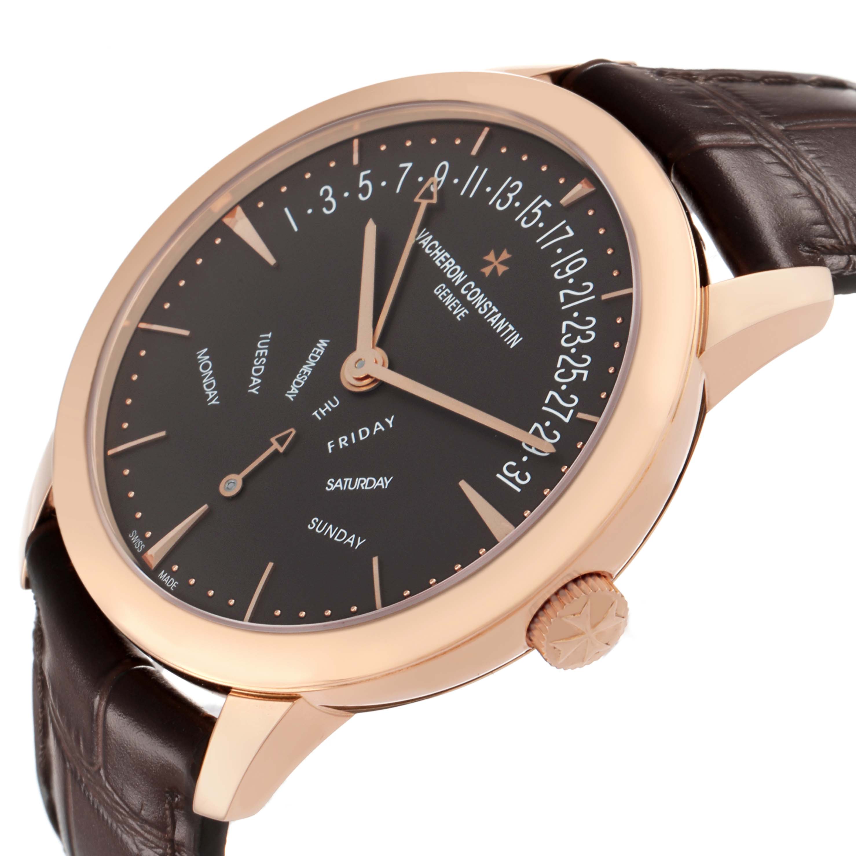 The Vacheron Constantin Patrimony 86020 Men's Rose Gold Grey Dial watch is shown at an angled side view, highlighting the dial, crown, and case.