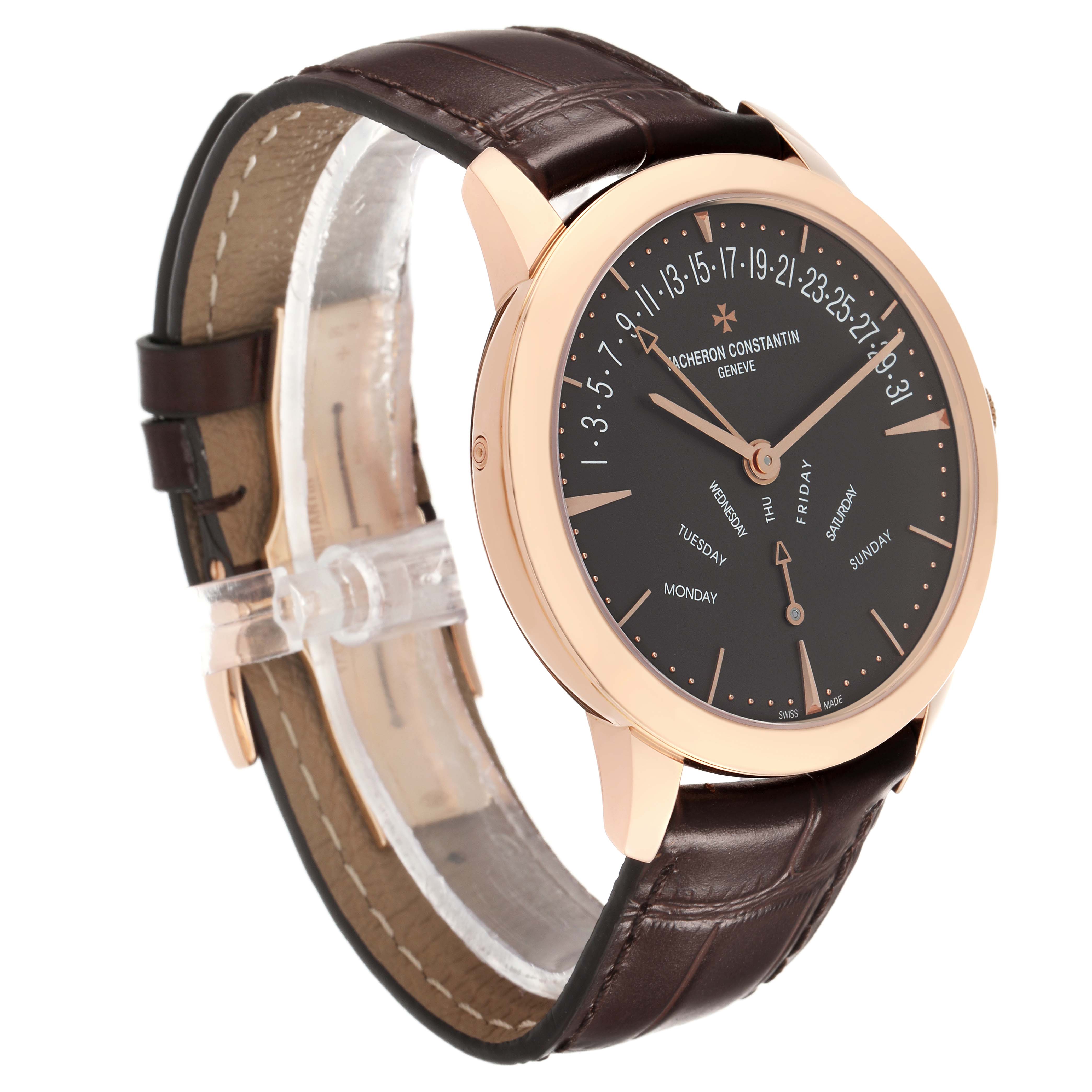 The Vacheron Constantin Patrimony 86020 Men's Rose Gold Grey Dial watch is shown from a three-quarter angle, highlighting its dial, gold case, and leather strap.