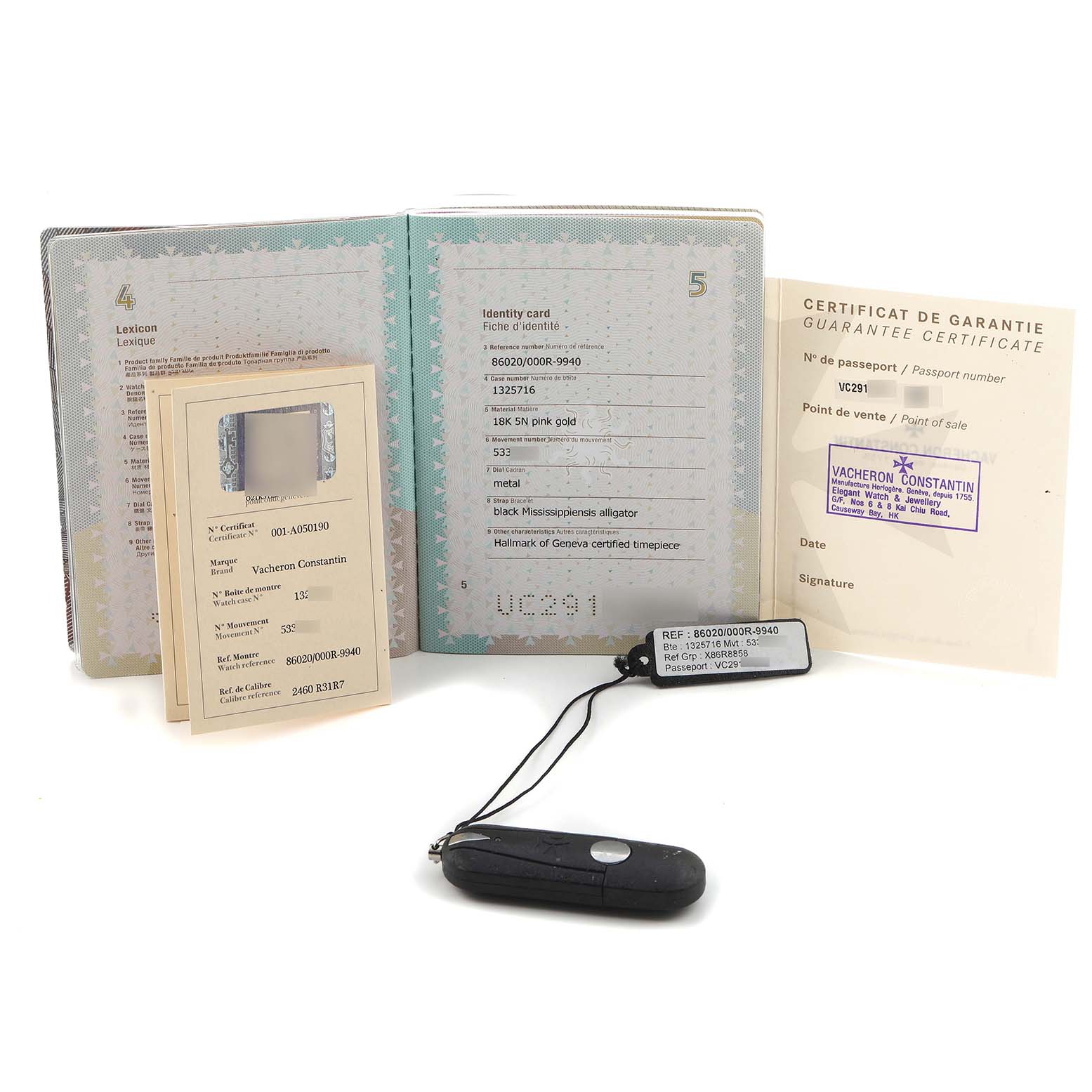 The image shows documentation and accessories for a Vacheron Constantin Patrimony 86020 Men's Rose Gold Grey Dial watch, including certificates and a tag.