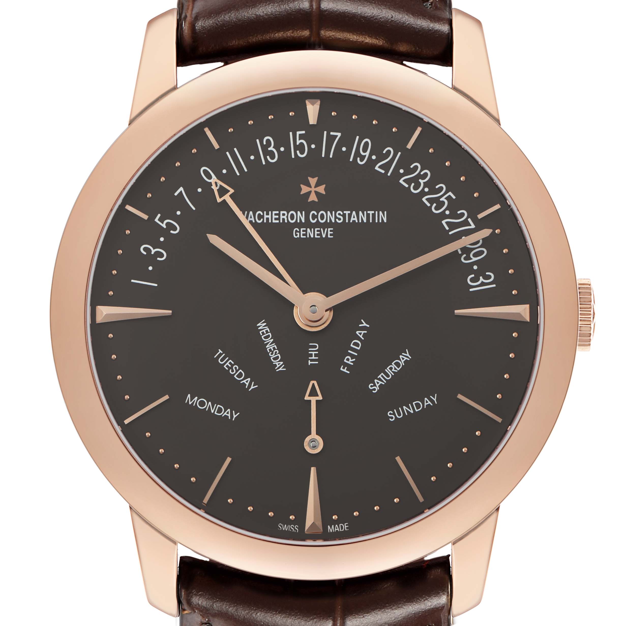 The Vacheron Constantin Patrimony 86020 Men's Rose Gold Grey Dial watch is shown from the front, displaying the dial, hands, and crown clearly.