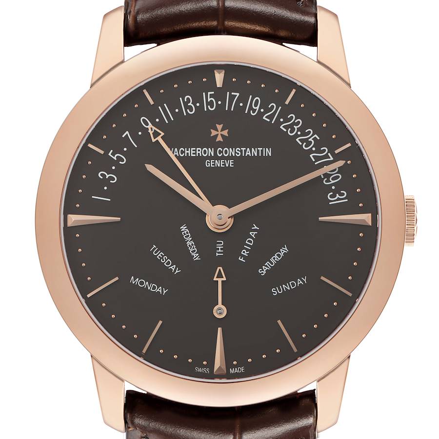 The Vacheron Constantin Patrimony 86020 Men's Rose Gold Grey Dial watch is shown from the front, displaying the dial, hands, and crown clearly.