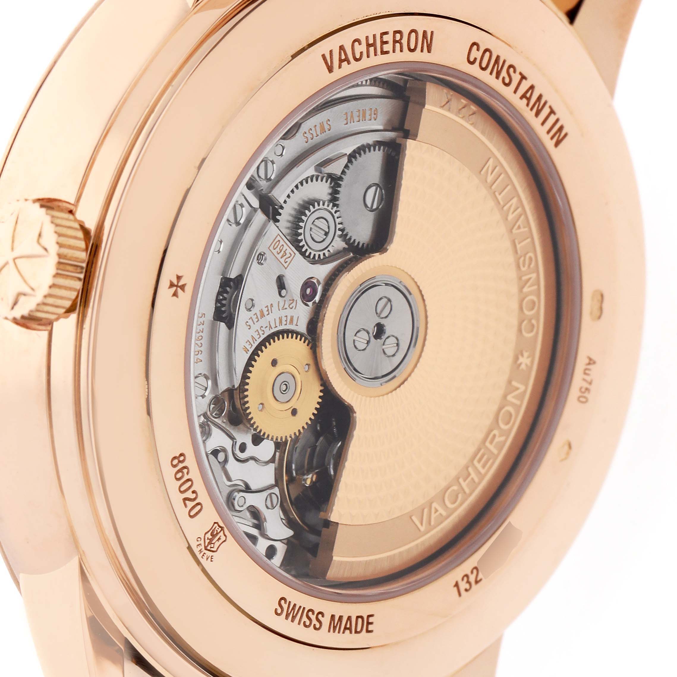 The image shows the case back of the Vacheron Constantin Patrimony 86020 Men's Rose Gold Grey Dial watch, highlighting its mechanical movement.