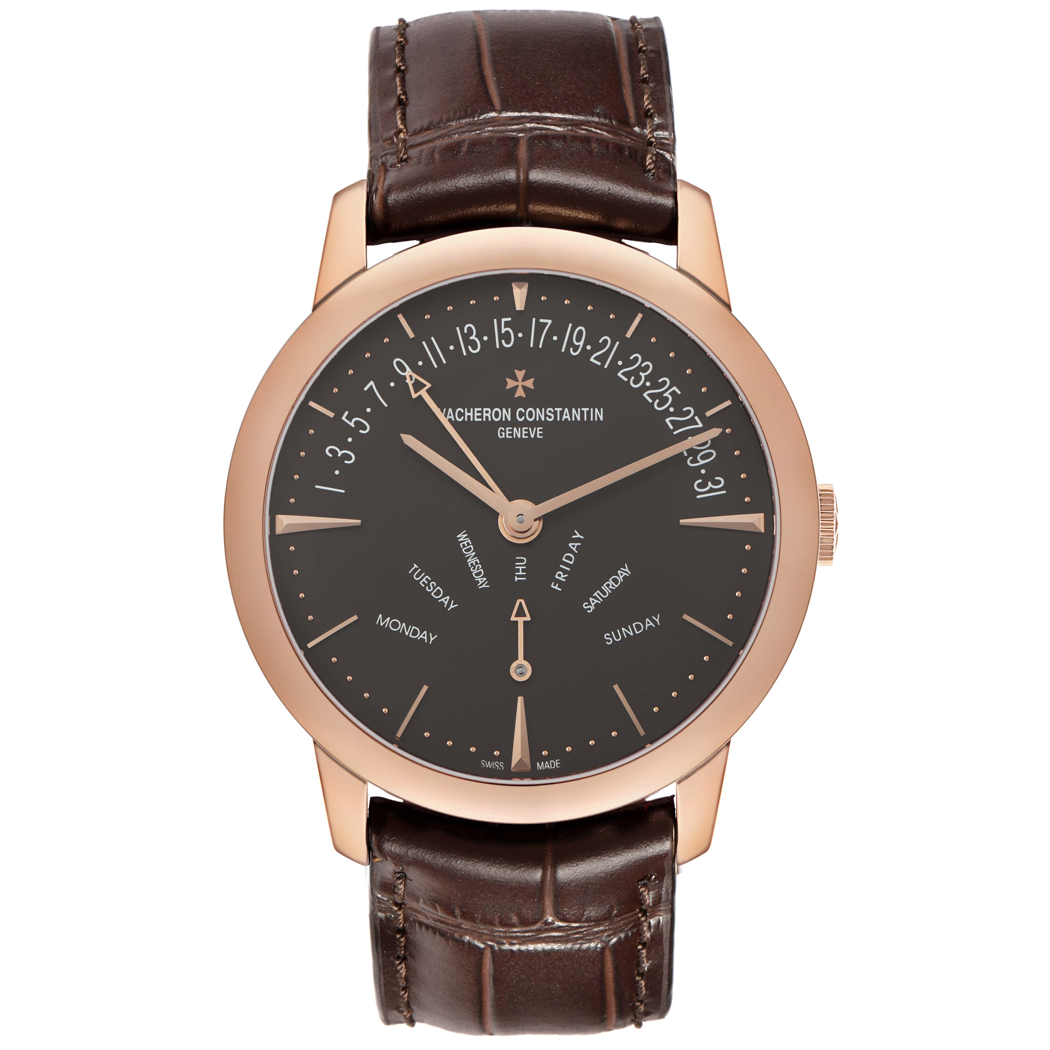 The Vacheron Constantin Patrimony 86020 Men's Rose Gold Grey Dial watch is shown from the front, displaying the dial, hands, day markers, and date indicators.