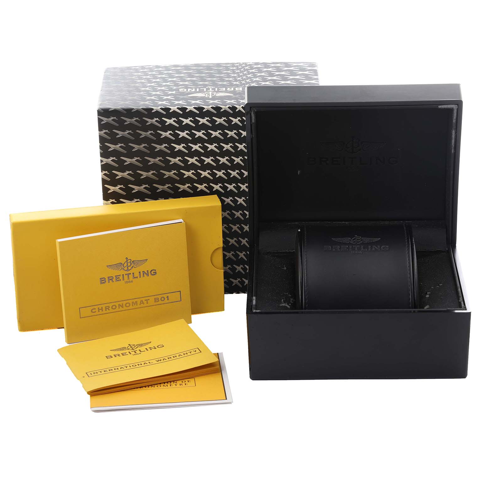 The image shows a Breitling Chronomat AB0110/A011C89PA Men's Stainless Steel Blue Dial AB0110/A011C89PA Men's Stainless Steel Blue Dial watch box, manuals, and warranty cards from an overhead angle.