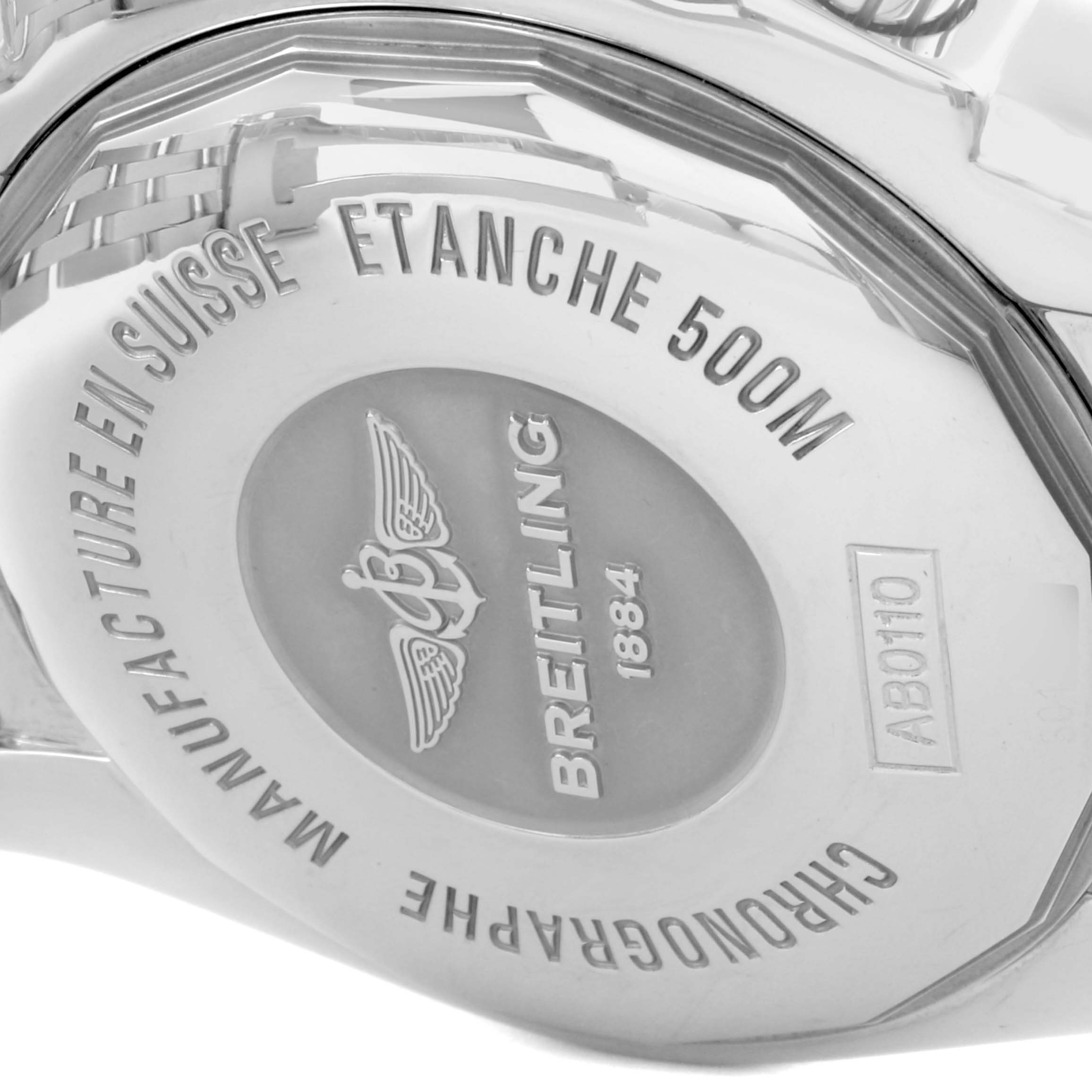 The image shows the case back of a Breitling Chronomat AB0110/A011C89PA Men's Stainless Steel Blue Dial AB0110/A011C89PA Men's Stainless Steel Blue Dial watch with branding and model details.