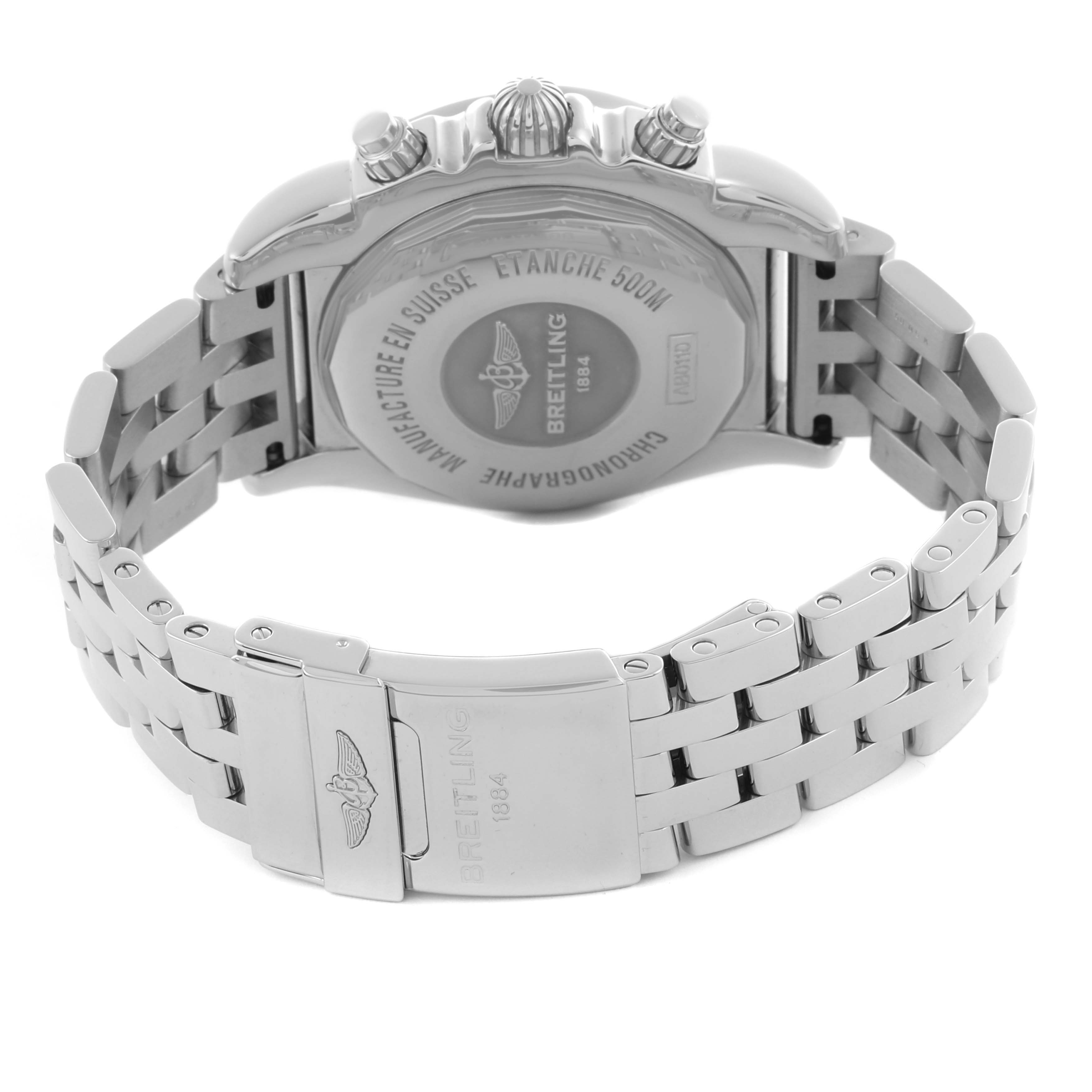 The image shows the back and bracelet of a Breitling Chronomat AB0110/A011C89PA Men's Stainless Steel Blue Dial AB0110/A011C89PA Men's Stainless Steel Blue Dial watch from a rear-side angle.