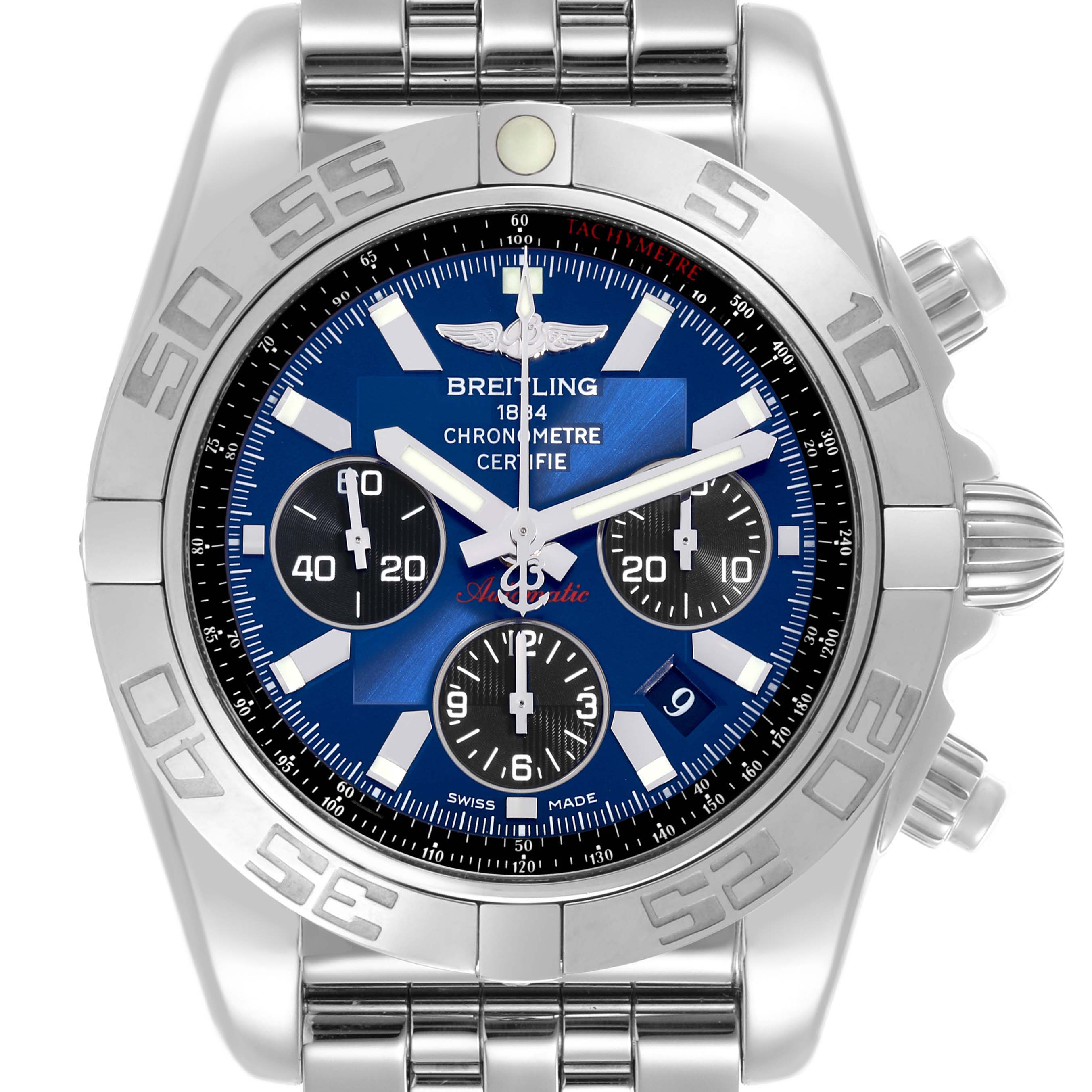 The Breitling Chronomat AB0110/A011C89PA Men's Stainless Steel Blue Dial AB0110/A011C89PA Men's Stainless Steel Blue Dial watch is shown in a front view, highlighting the dial, bezel, pushers, and a metal strap.