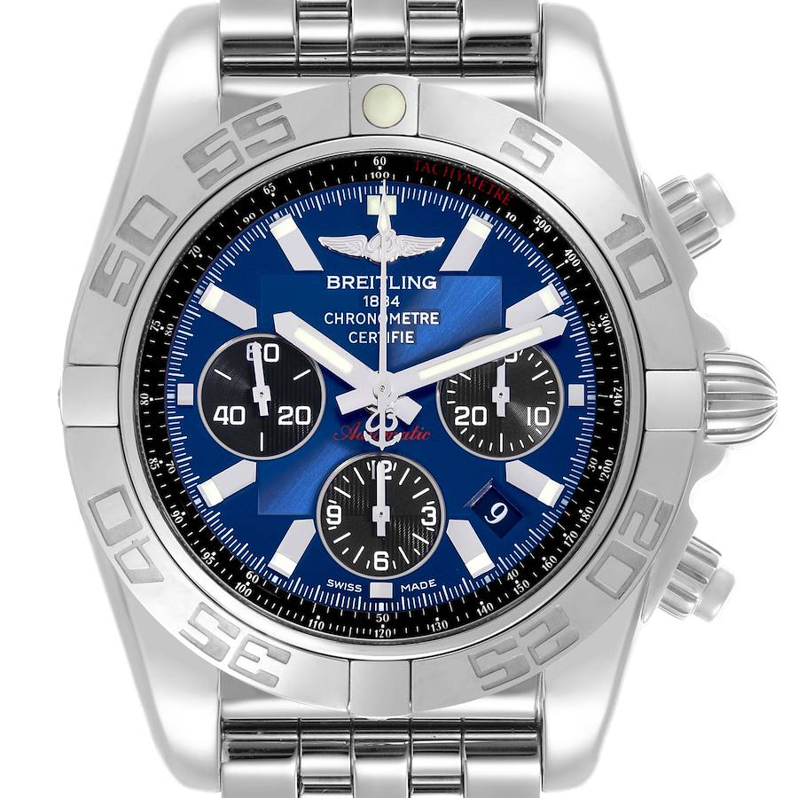 The Breitling Chronomat watch is shown in a front view, highlighting the dial, bezel, pushers, and a metal strap.