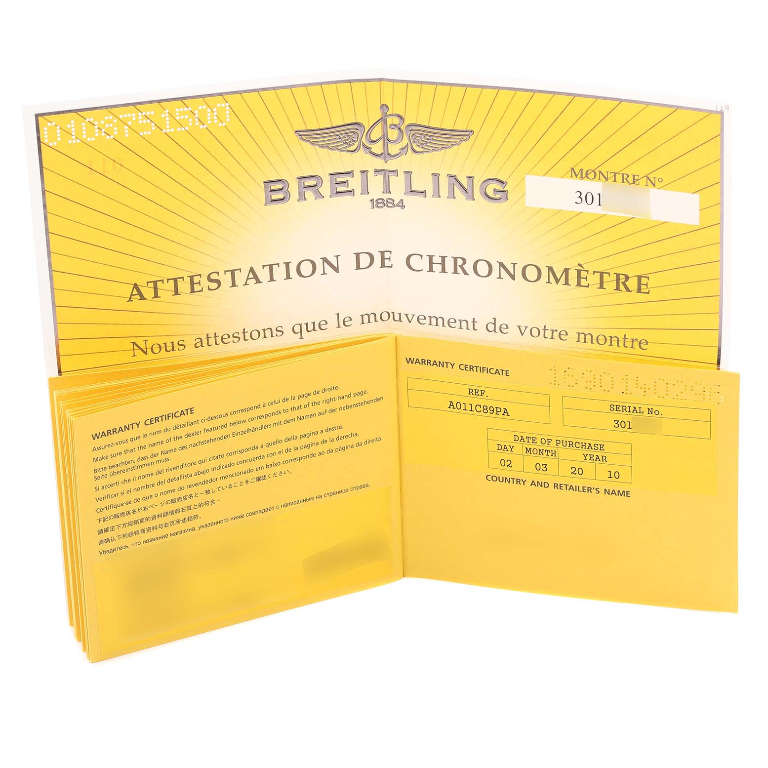 The image shows warranty and chronometer certificates for a Breitling Chronomat AB0110/A011C89PA Men's Stainless Steel Blue Dial AB0110/A011C89PA Men's Stainless Steel Blue Dial watch.