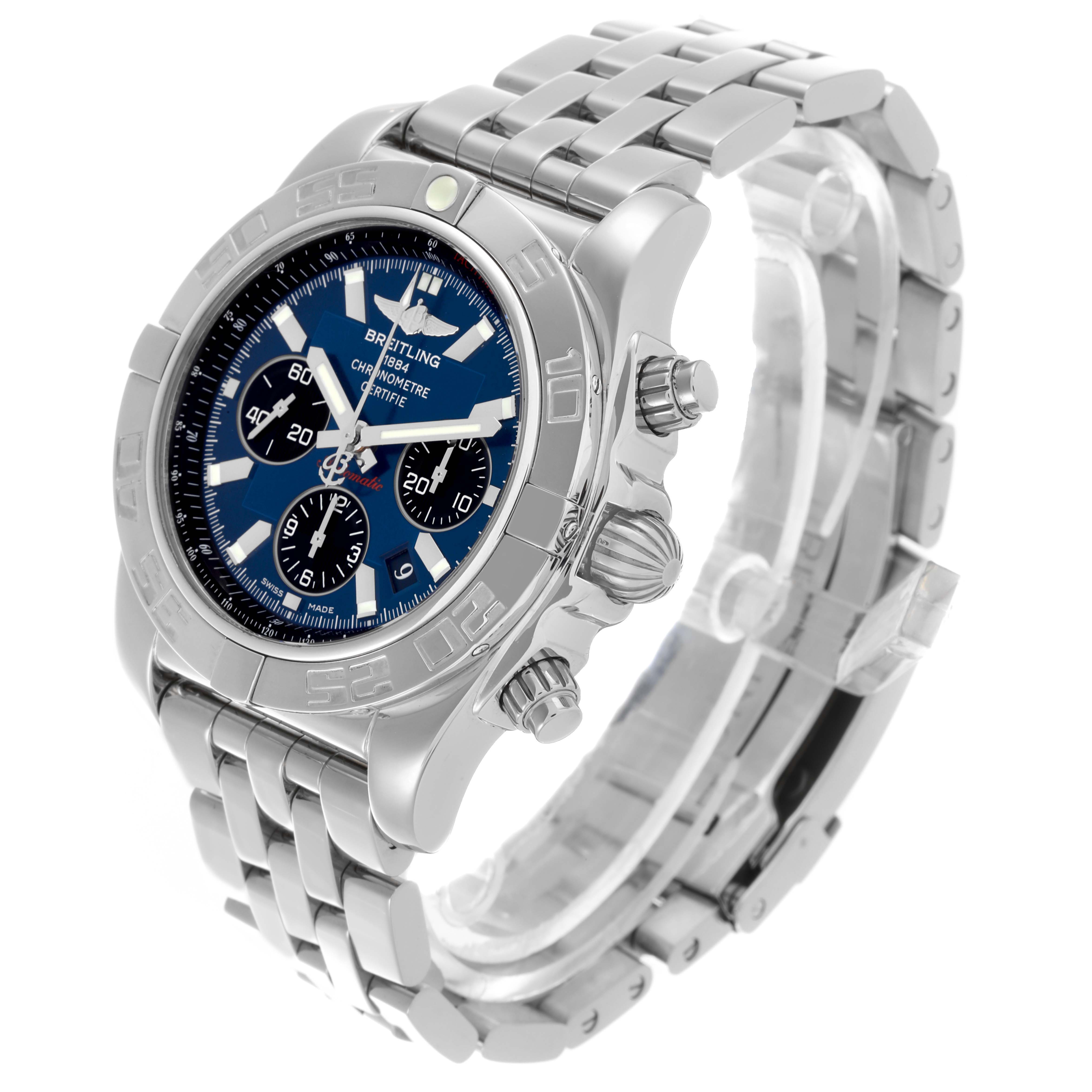 The Breitling Chronomat AB0110/A011C89PA Men's Stainless Steel Blue Dial AB0110/A011C89PA Men's Stainless Steel Blue Dial watch is shown at a slight angle, displaying the face, bezel, crown, and bracelet.