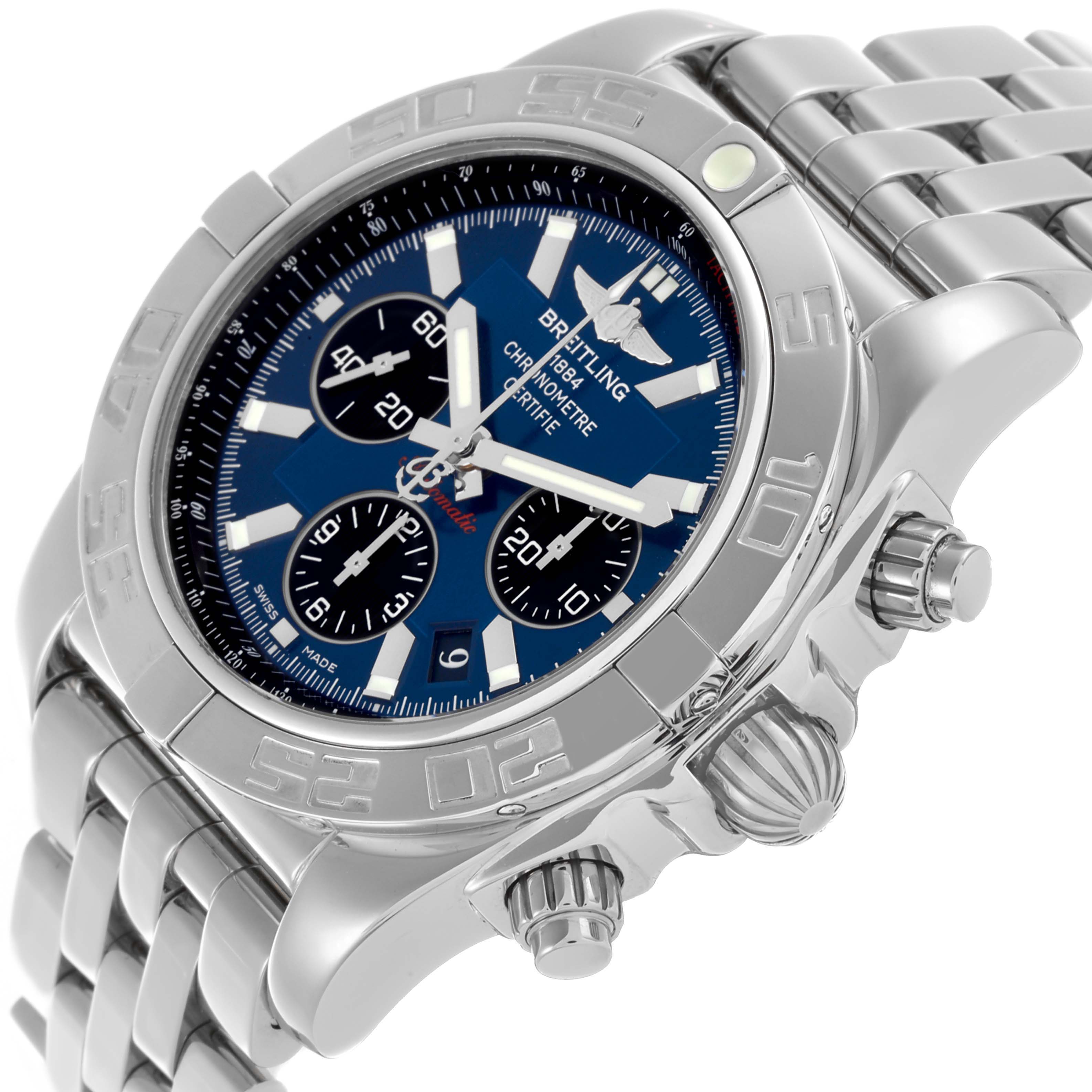 The Breitling Chronomat AB0110/A011C89PA Men's Stainless Steel Blue Dial AB0110/A011C89PA Men's Stainless Steel Blue Dial watch is shown at an angled view, highlighting the bezel, crown, subdials, and metal bracelet.