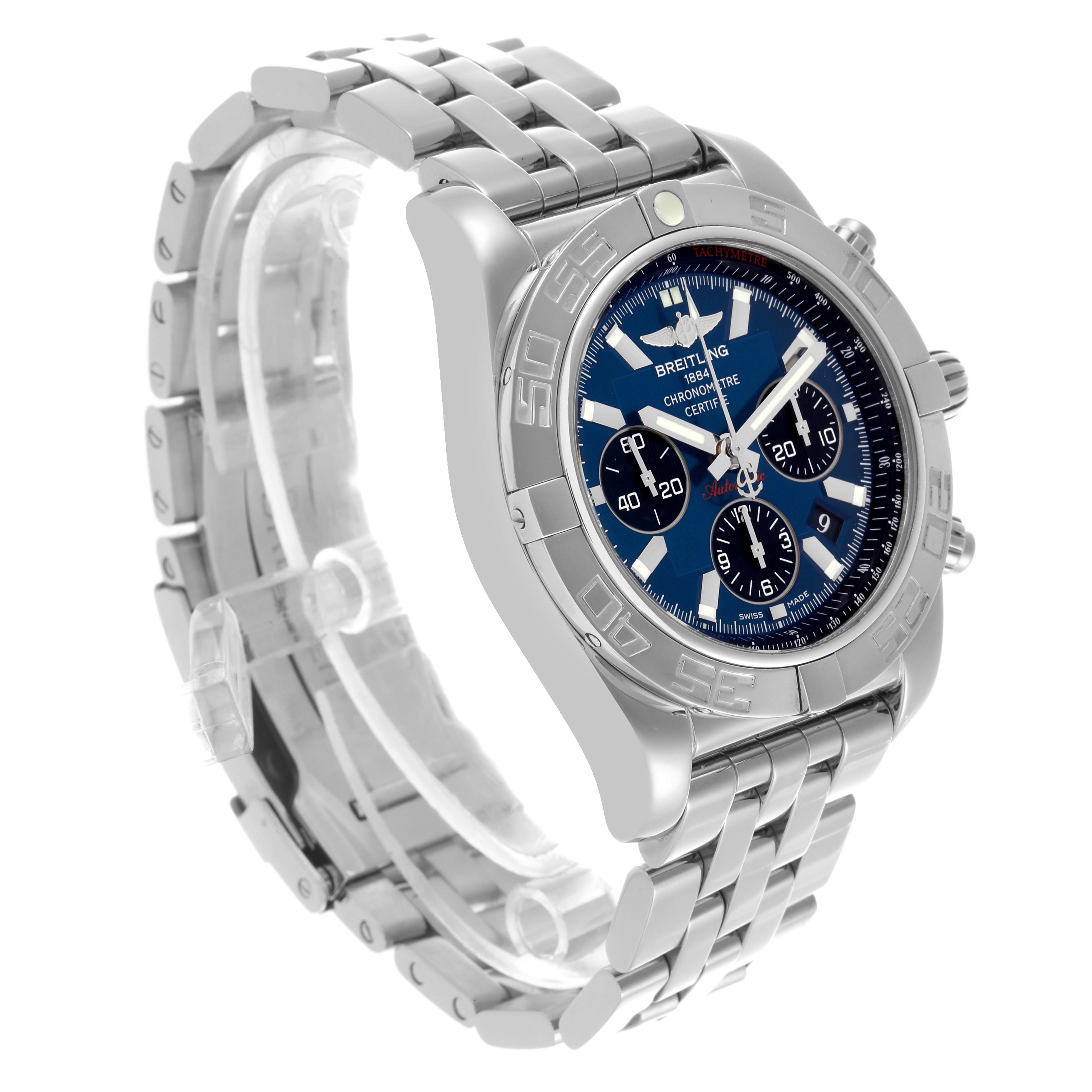 This Breitling Chronomat AB0110/A011C89PA Men's Stainless Steel Blue Dial AB0110/A011C89PA Men's Stainless Steel Blue Dial watch is shown at an angle highlighting the face, bezel, and stainless steel bracelet.