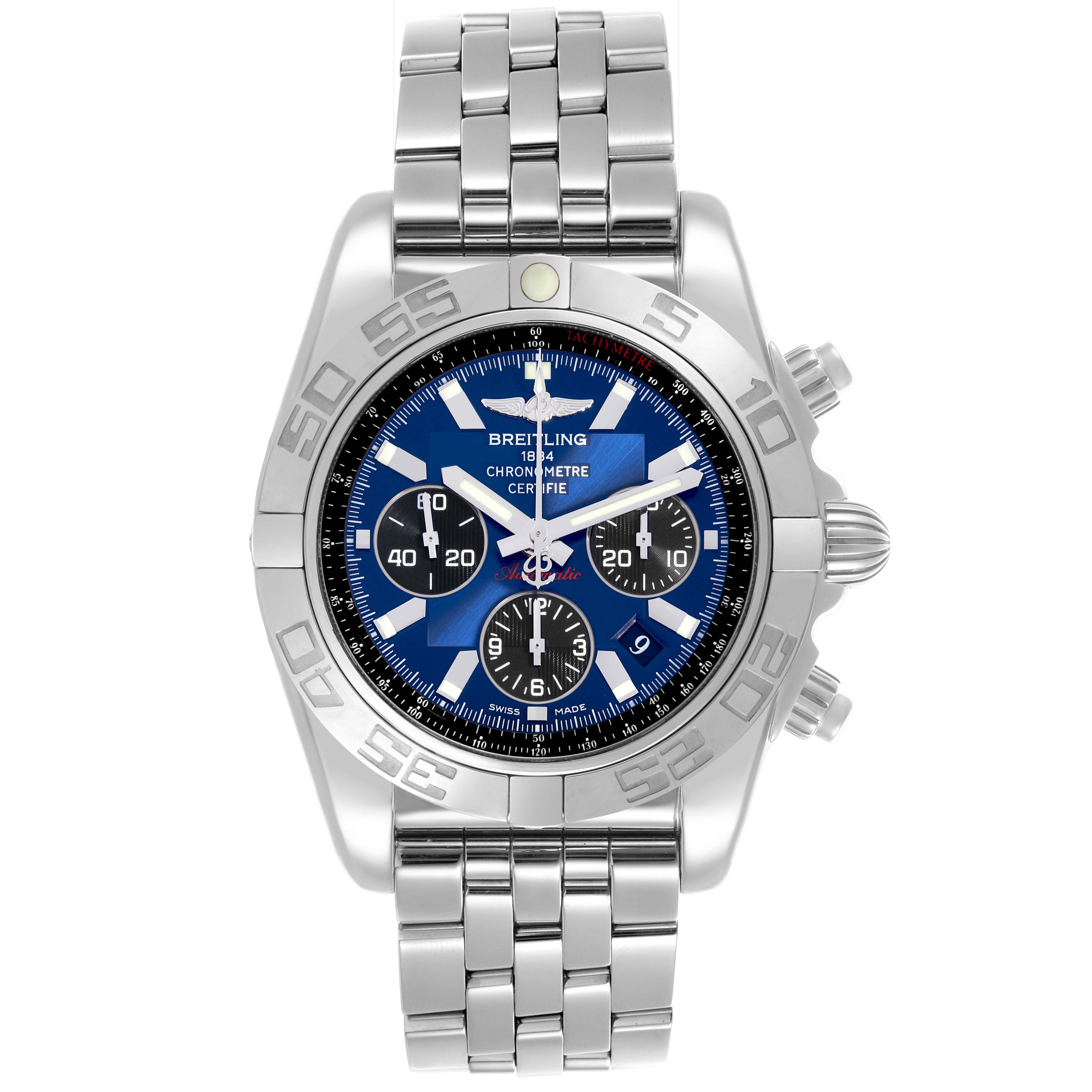 The Breitling Chronomat AB0110/A011C89PA Men's Stainless Steel Blue Dial AB0110/A011C89PA Men's Stainless Steel Blue Dial watch is shown from a top-down angle, displaying its face, bezel, chronograph dials, and metal bracelet.