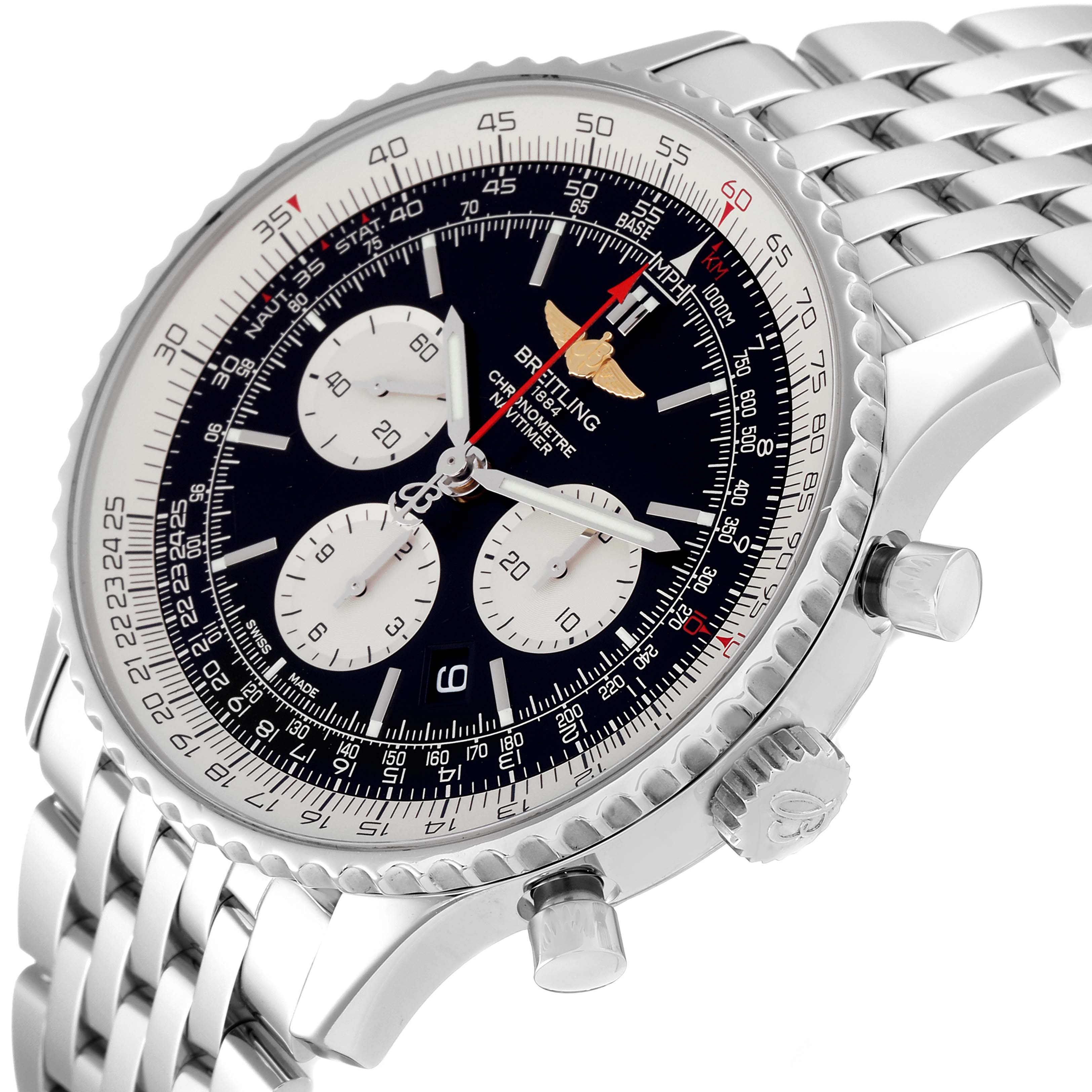 The image shows a close-up, angled view of a Breitling Navitimer AB012721/BD09 Men
s Stainless Steel Black Dial AB012721/BD09 Men
s Stainless Steel Black Dial watch highlighting the face, bezel, and metal strap.