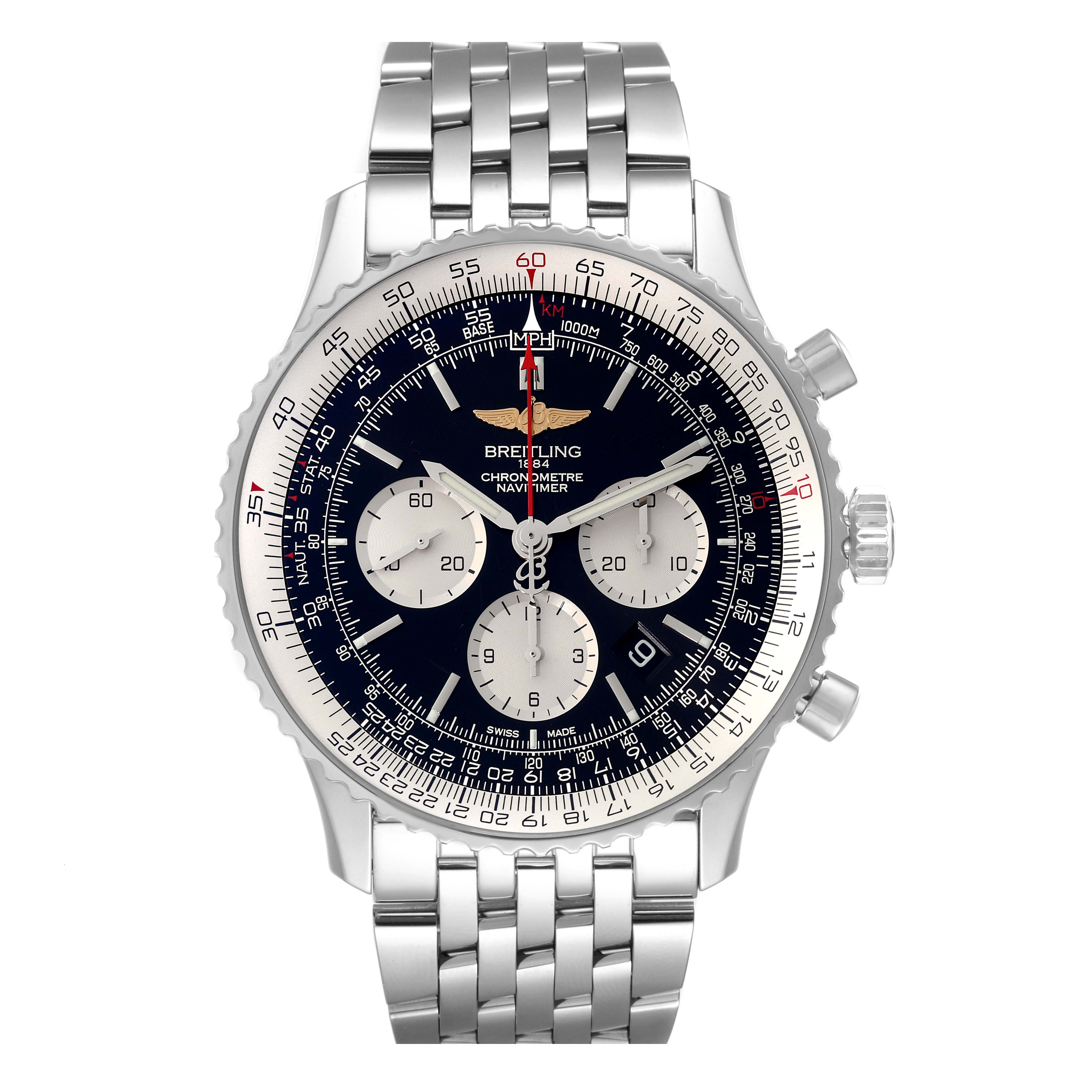 The image shows a front view of a Breitling Navitimer AB012721/BD09 Men
s Stainless Steel Black Dial AB012721/BD09 Men
s Stainless Steel Black Dial watch, highlighting its dial, subdials, and stainless steel bracelet.