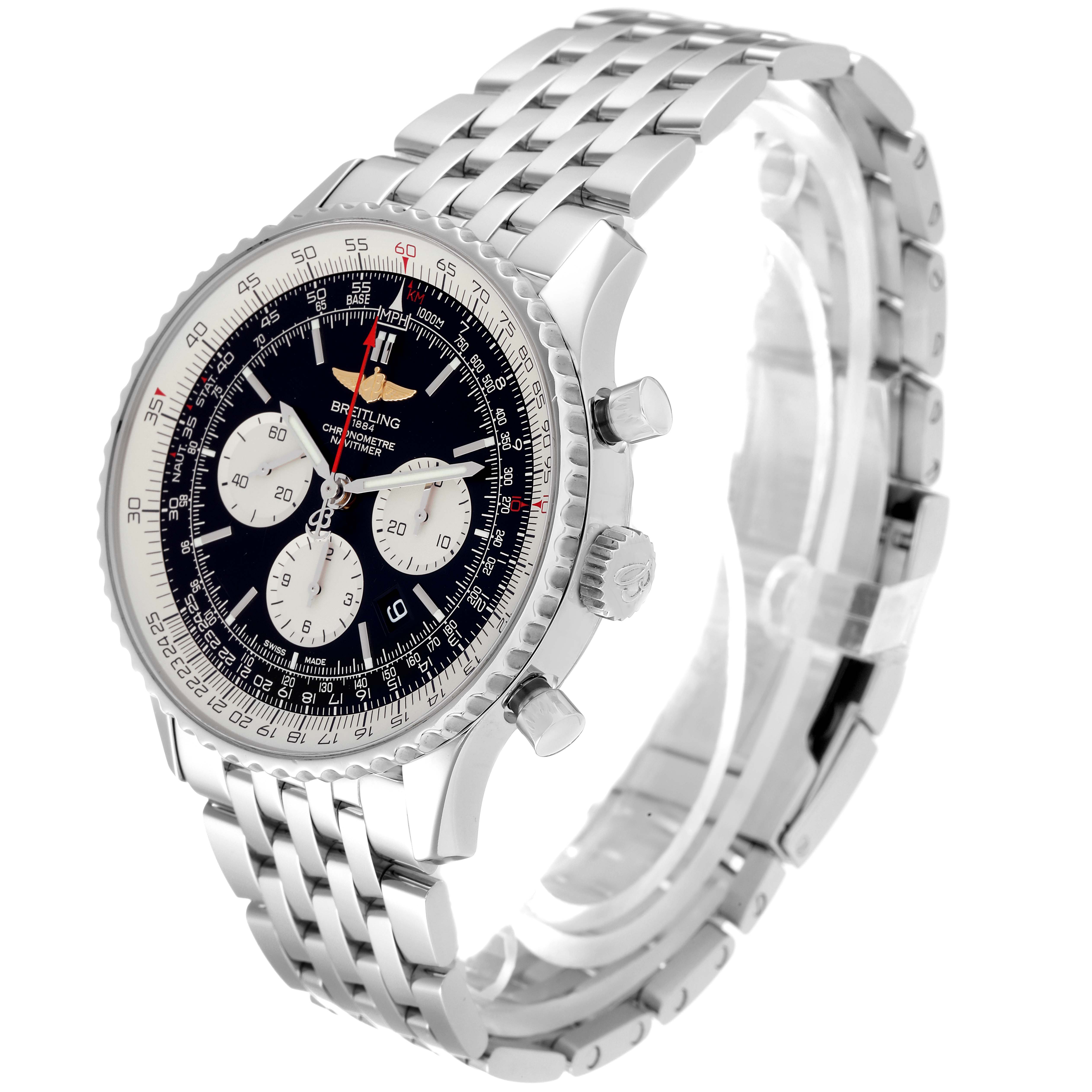 This image shows a Breitling Navitimer AB012721/BD09 Men
s Stainless Steel Black Dial AB012721/BD09 Men
s Stainless Steel Black Dial watch angled slightly from the front-right, displaying its face and metal bracelet.
