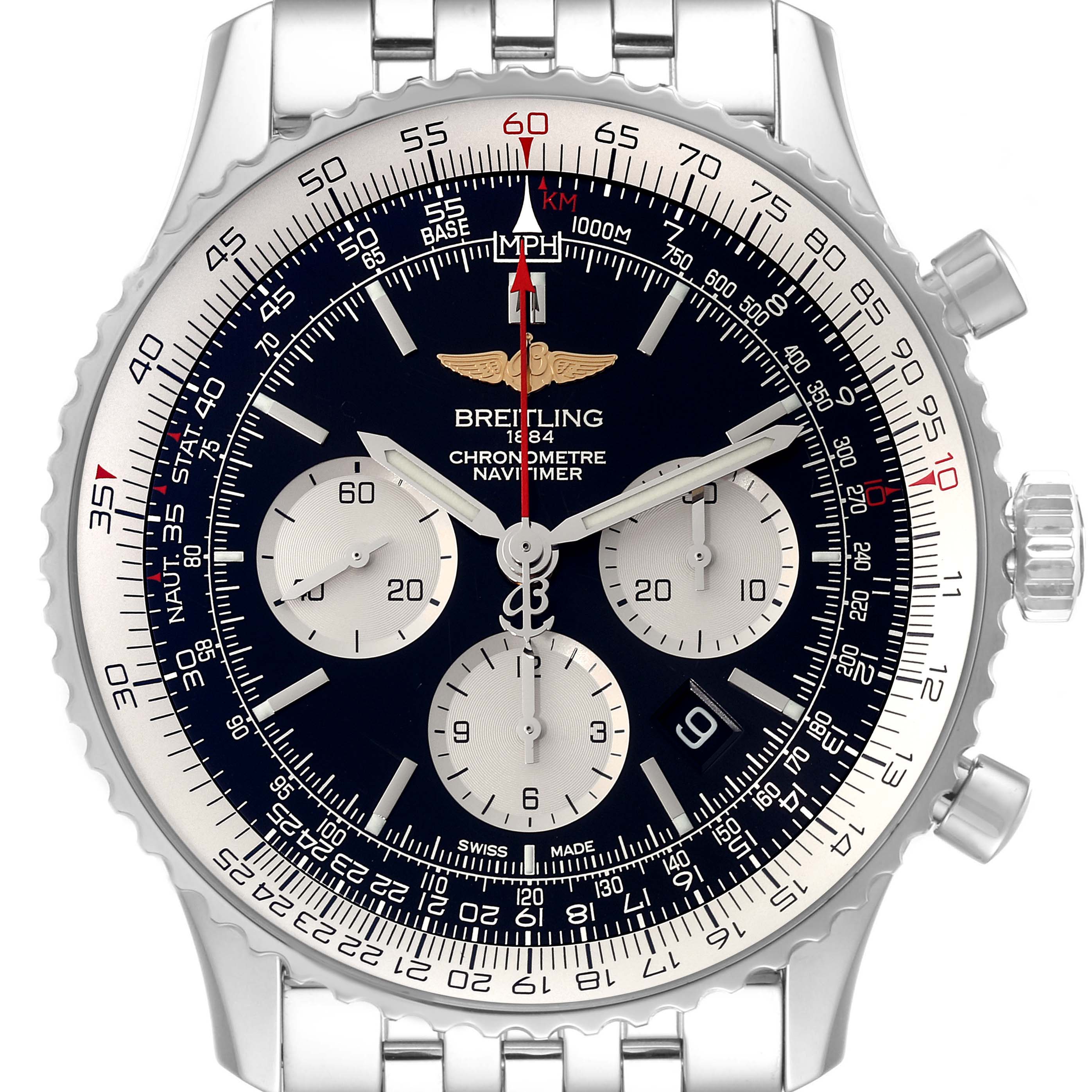 The image shows a front view of a Breitling Navitimer AB012721/BD09 Men
s Stainless Steel Black Dial AB012721/BD09 Men
s Stainless Steel Black Dial watch, highlighting its dial, chronograph subdials, bezel, and bracelet.
