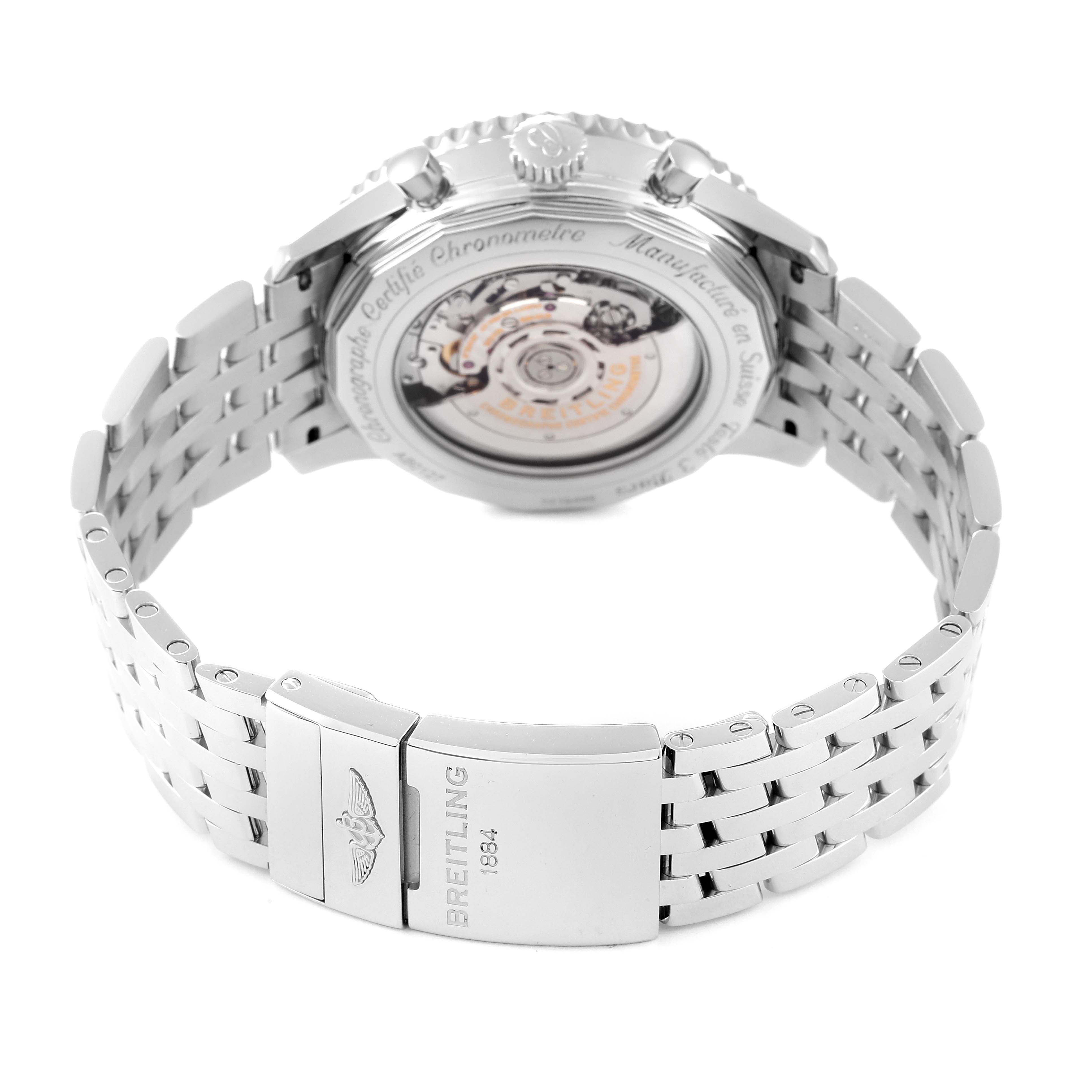 This image displays the back view of a Breitling Navitimer AB012721/BD09 Men
s Stainless Steel Black Dial AB012721/BD09 Men
s Stainless Steel Black Dial watch, highlighting its case back and metal bracelet.