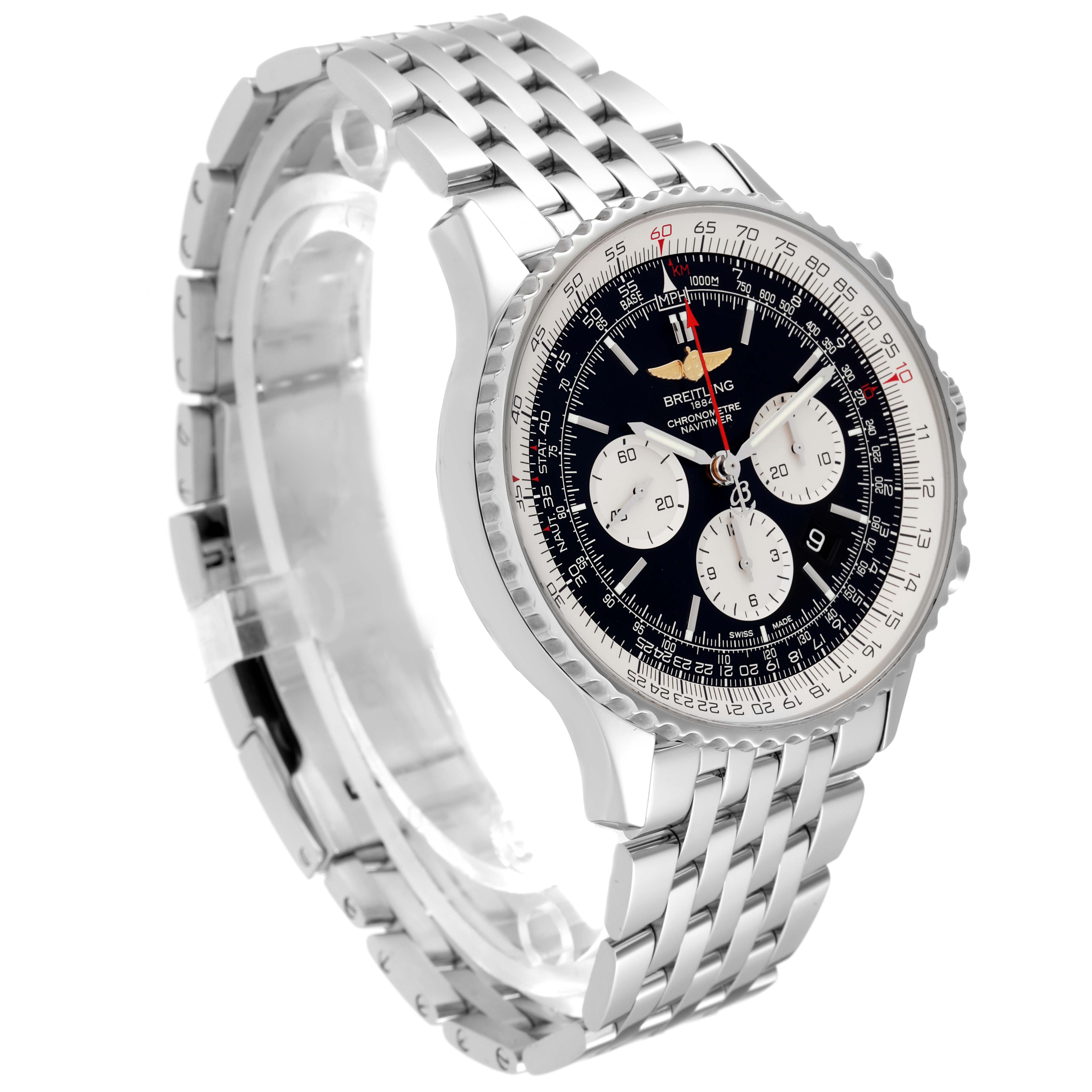 The image shows a Breitling Navitimer AB012721/BD09 Men
s Stainless Steel Black Dial AB012721/BD09 Men
s Stainless Steel Black Dial watch at an angled view displaying its dial, bezel, and metal bracelet.