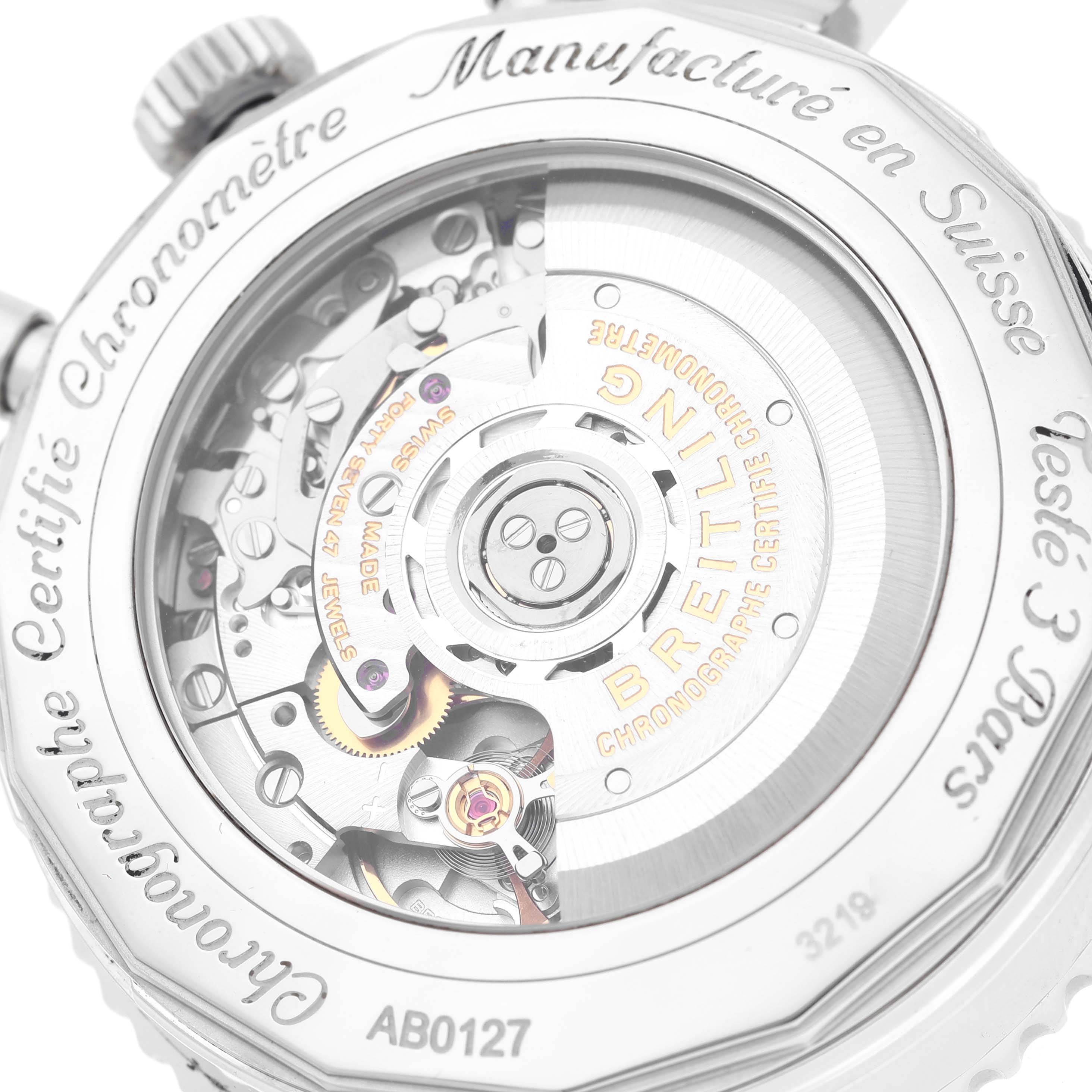 The image shows the back view of a Breitling Navitimer AB012721/BD09 Men
s Stainless Steel Black Dial AB012721/BD09 Men
s Stainless Steel Black Dial watch, highlighting its intricate mechanical movement.