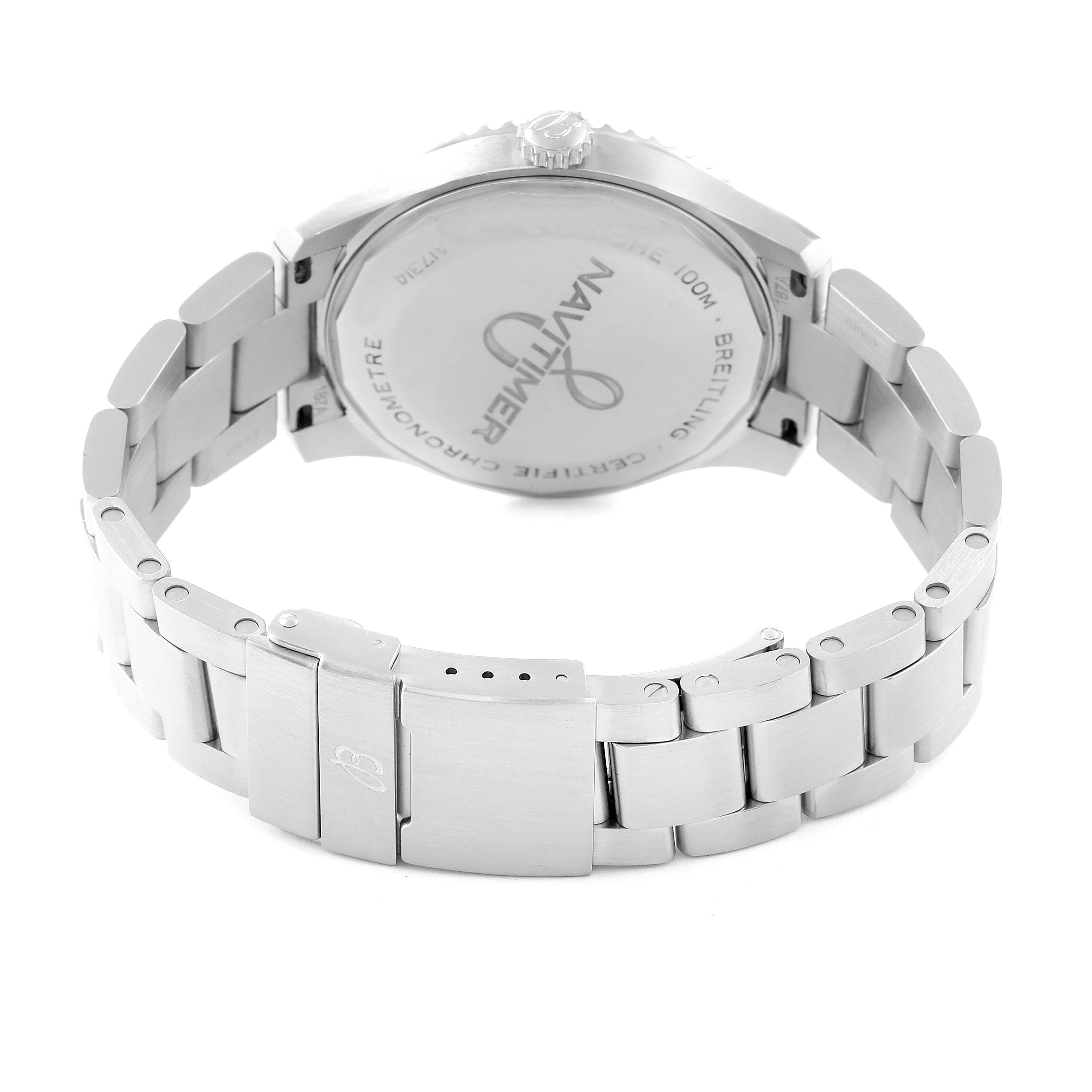 This image shows the back and bracelet of a Breitling Navitimer A17314 Men
s Stainless Steel Blue Dial A17314 Men
s Stainless Steel Blue Dial watch, including its clasp and case back.