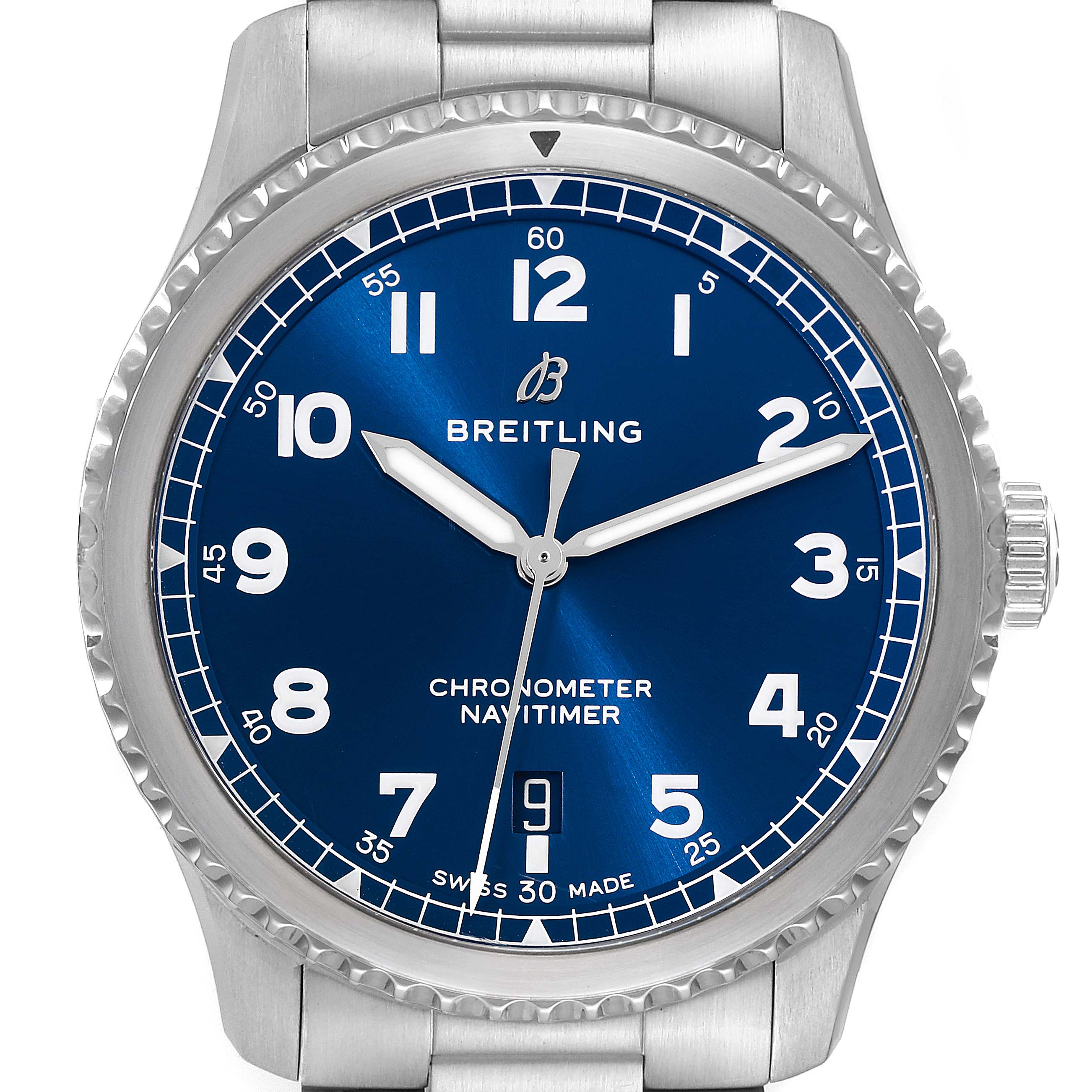 The image shows a frontal view of a Breitling Navitimer A17314 Men
s Stainless Steel Blue Dial A17314 Men
s Stainless Steel Blue Dial watch with a blue dial and silver case.