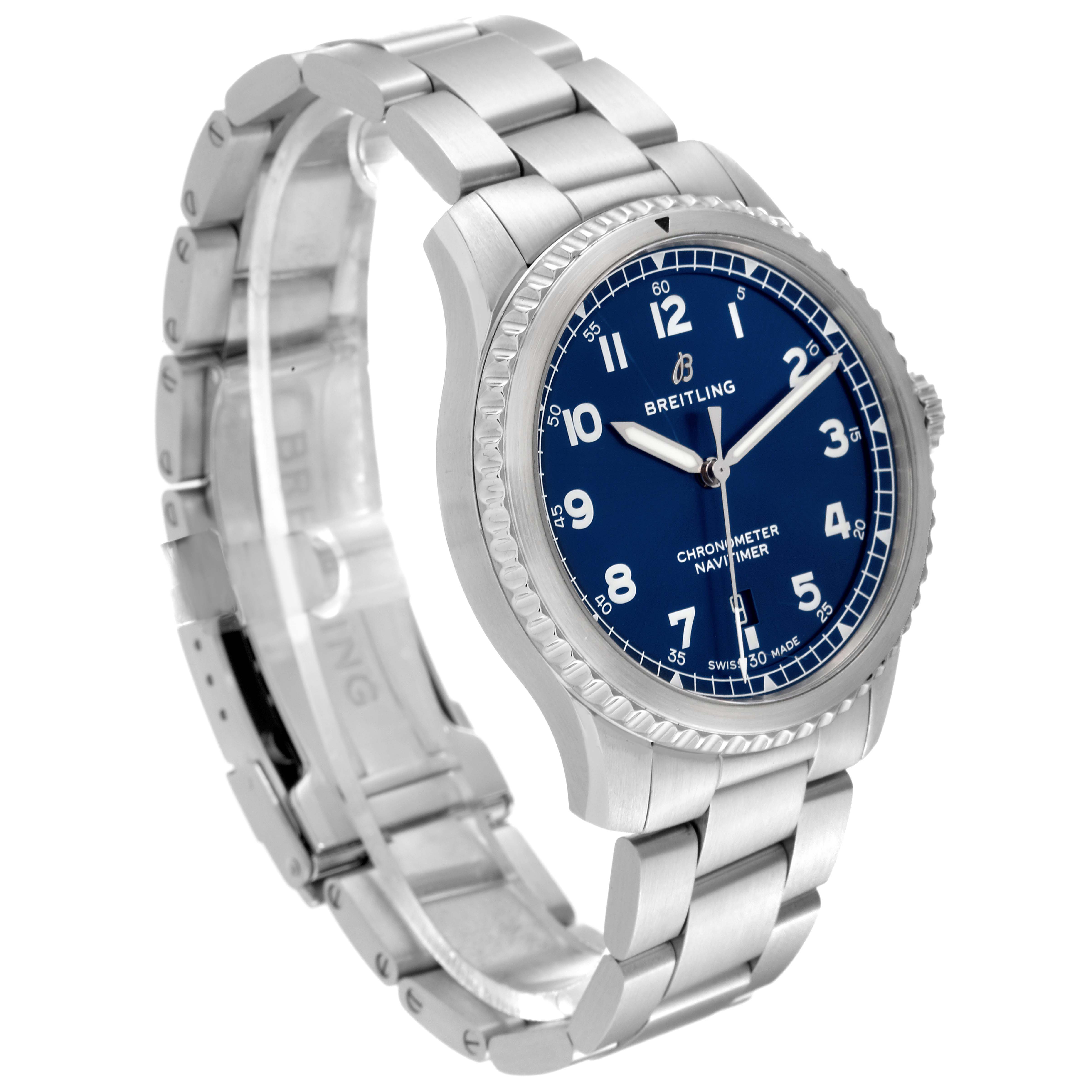 The image shows a angled view of a stainless steel Breitling Navitimer A17314 Men
s Stainless Steel Blue Dial A17314 Men
s Stainless Steel Blue Dial watch, highlighting its blue dial and metal bracelet.