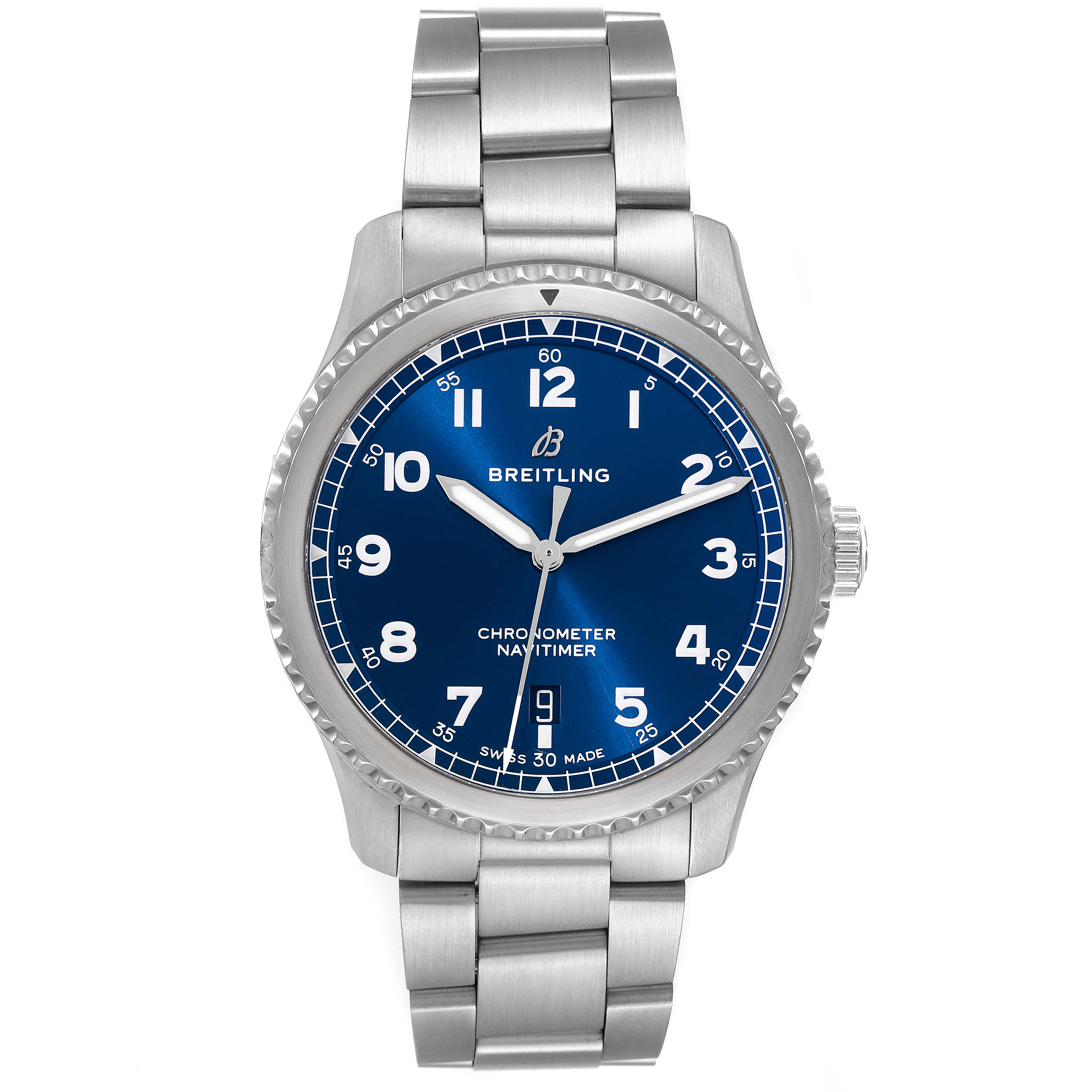 The image shows a front view of a Breitling Navitimer A17314 Men
s Stainless Steel Blue Dial A17314 Men
s Stainless Steel Blue Dial watch with a blue dial and silver bracelet.