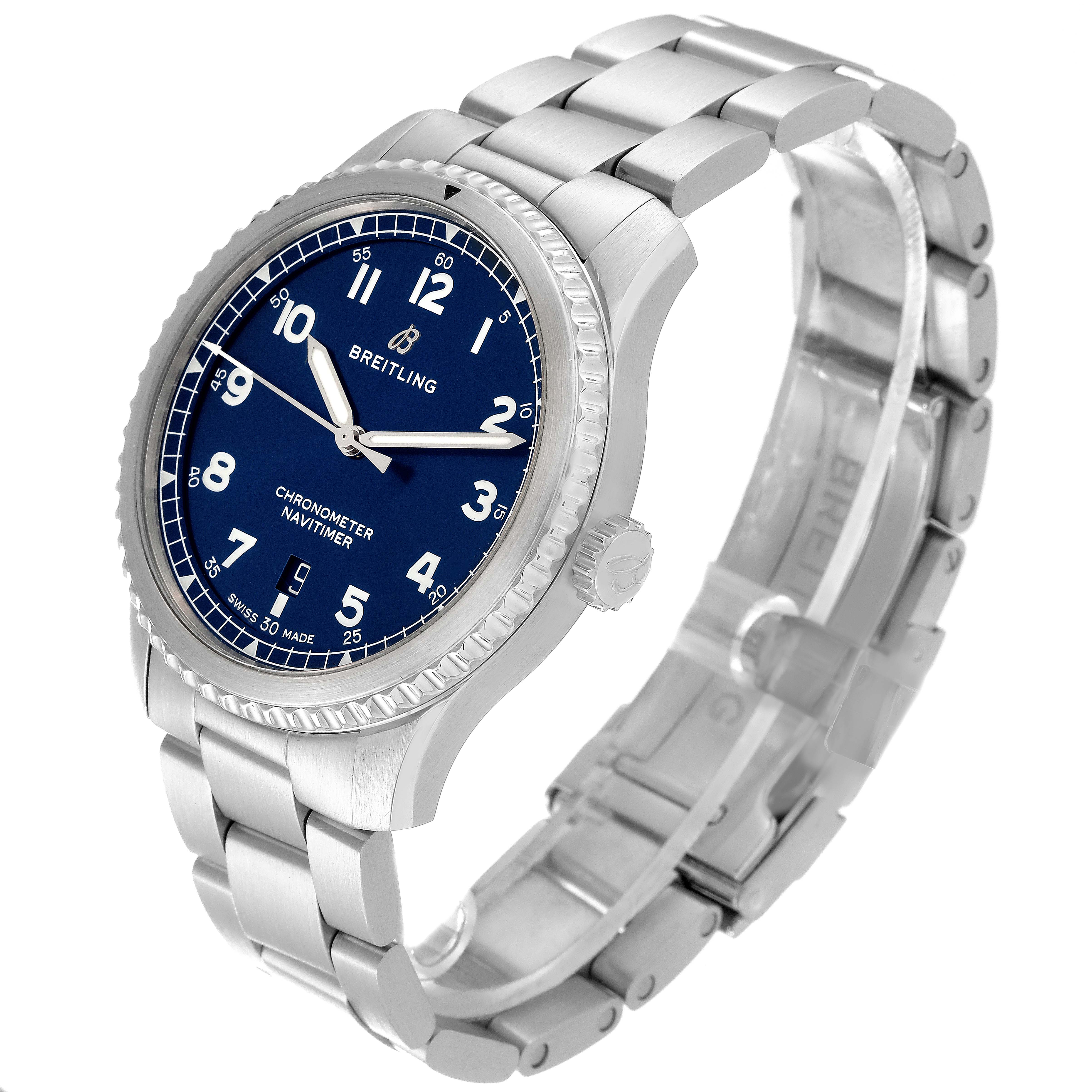 This image shows a stainless steel Breitling Navitimer A17314 Men
s Stainless Steel Blue Dial A17314 Men
s Stainless Steel Blue Dial watch from a high angle, displaying the blue dial and metal bracelet.