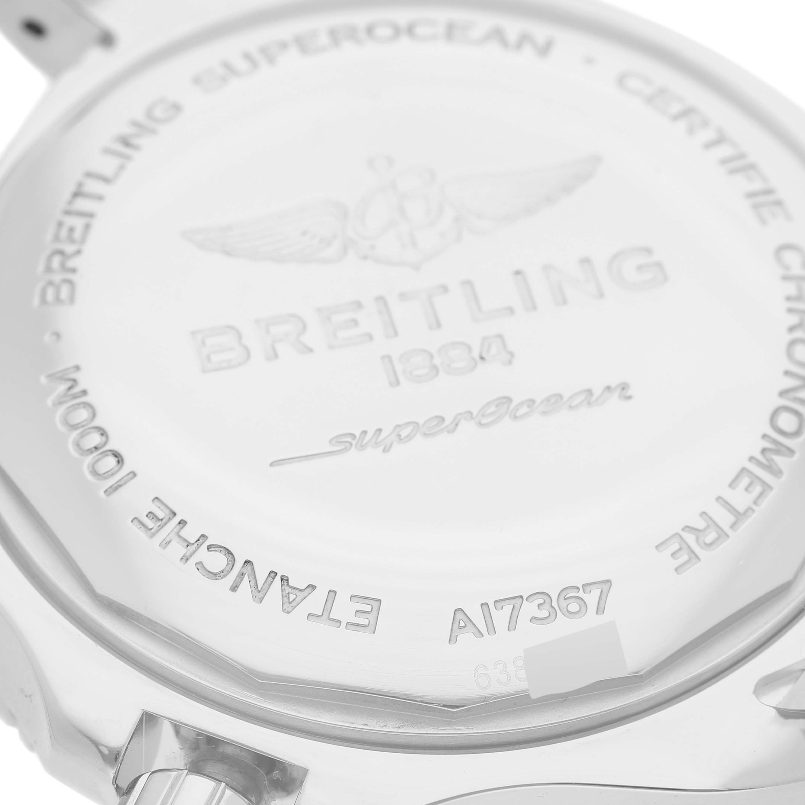 The image shows the back case of a Breitling Superocean A17367 Men's Stainless Steel Yellow Dial A17367 Men's Stainless Steel Yellow Dial watch, highlighting the engravings and water resistance details.