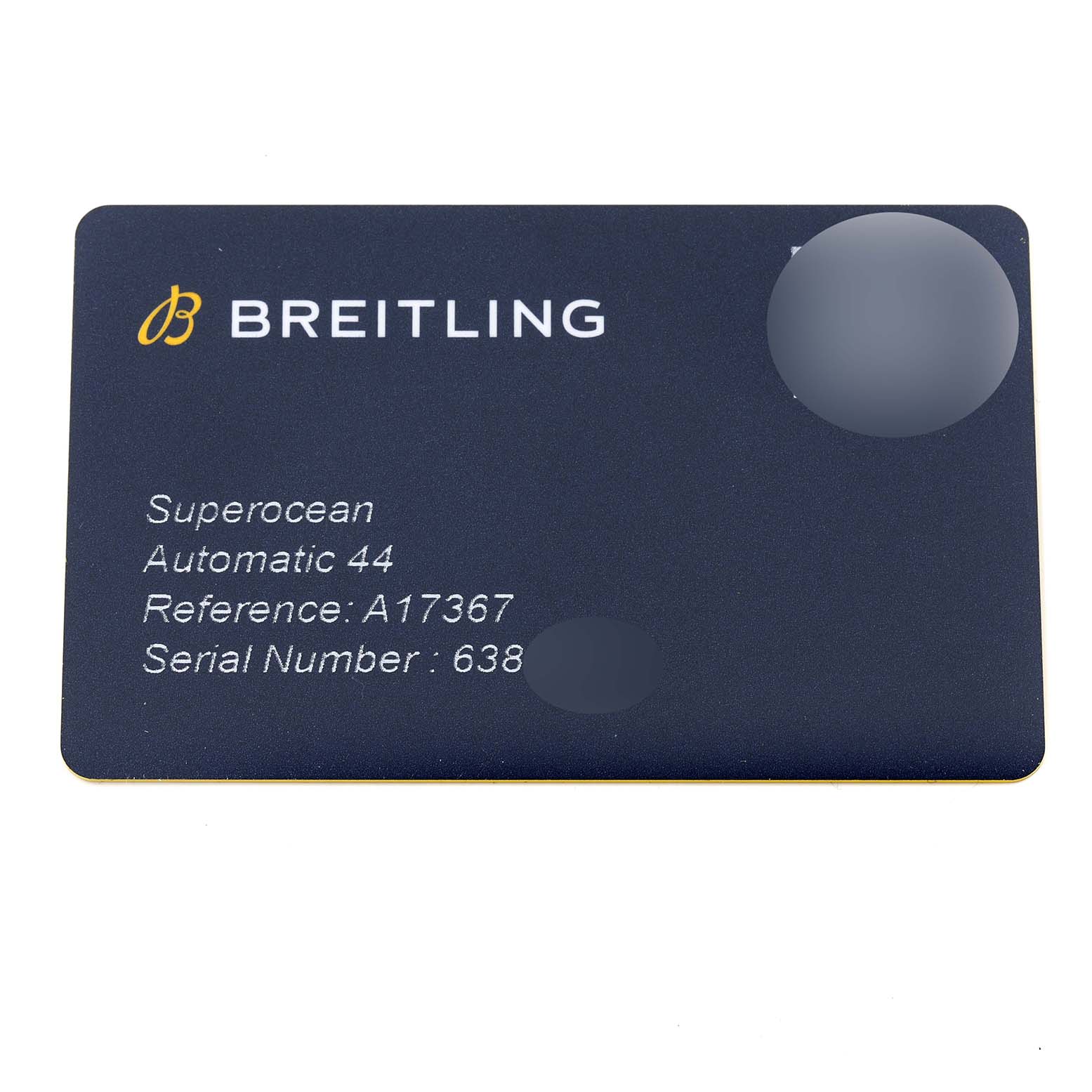 This image shows a Breitling warranty card for the Superocean Automatic 44 model.