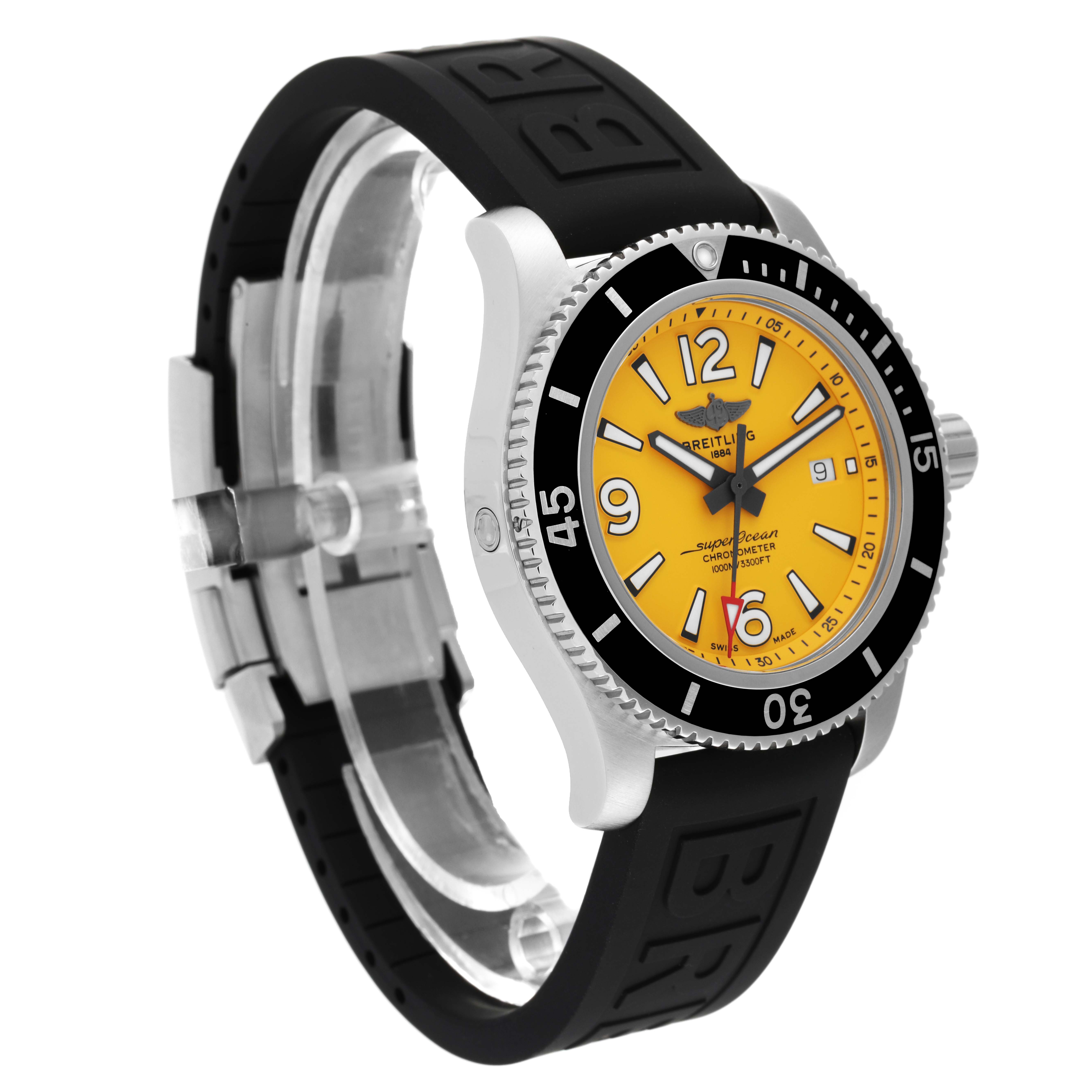 This Breitling Superocean A17367 Men's Stainless Steel Yellow Dial A17367 Men's Stainless Steel Yellow Dial watch is shown at a three-quarter angle, displaying its yellow dial, black bezel, and black rubber strap.