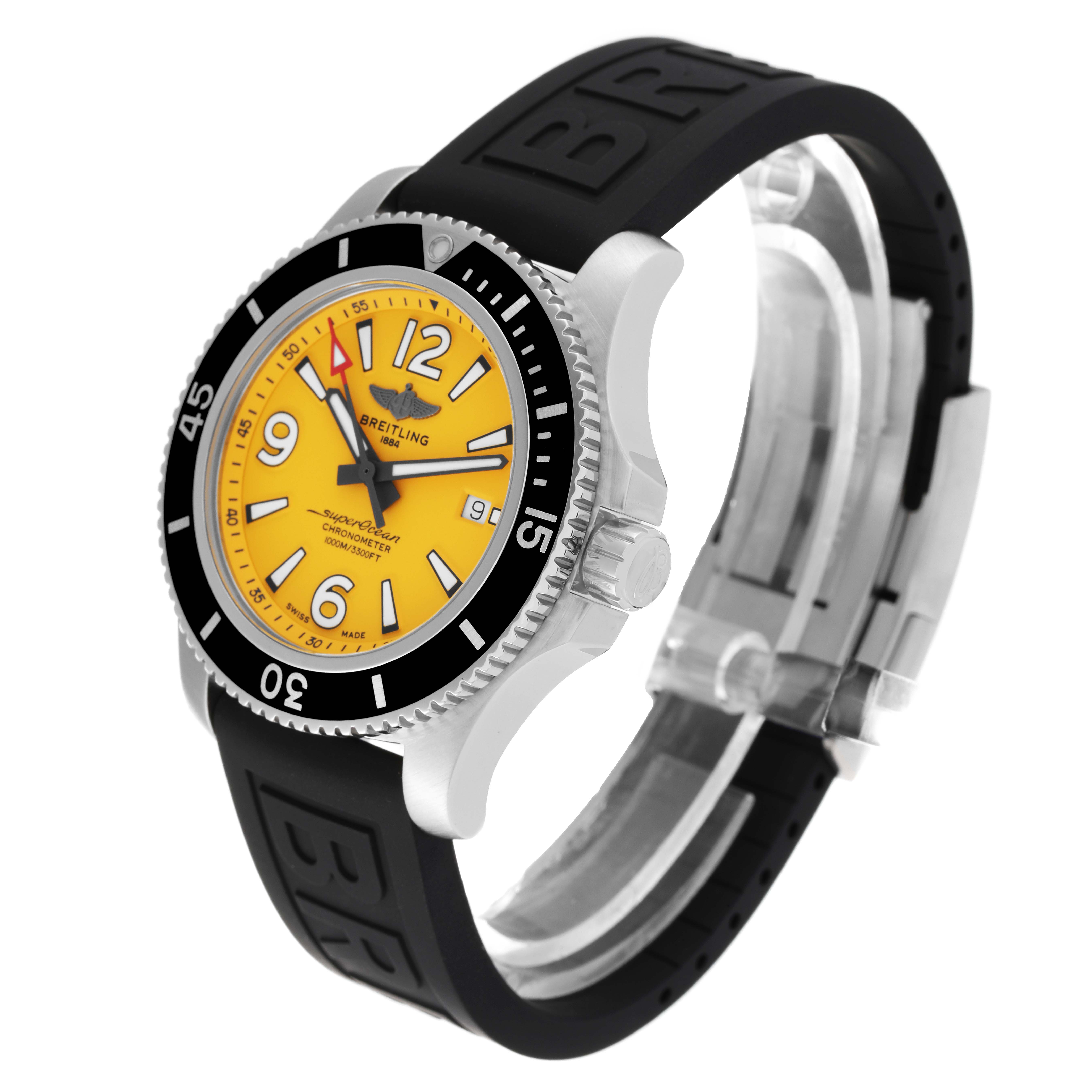 The image shows a Breitling Superocean A17367 Men's Stainless Steel Yellow Dial A17367 Men's Stainless Steel Yellow Dial watch at an angle highlighting the dial, bezel, crown, and strap.