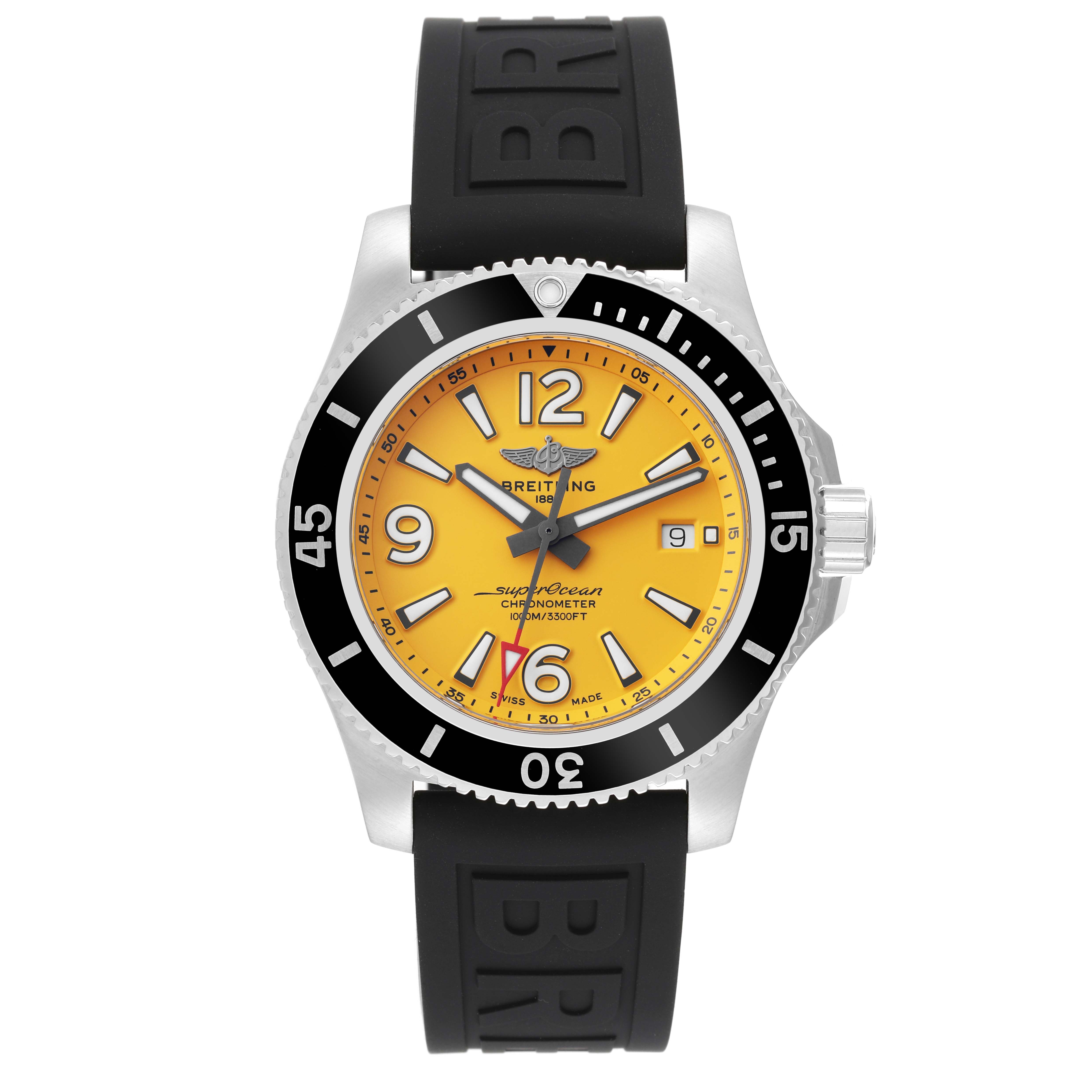 The image shows a front view of the Breitling Superocean A17367 Men's Stainless Steel Yellow Dial A17367 Men's Stainless Steel Yellow Dial watch, featuring a yellow dial, black bezel, and black rubber strap.