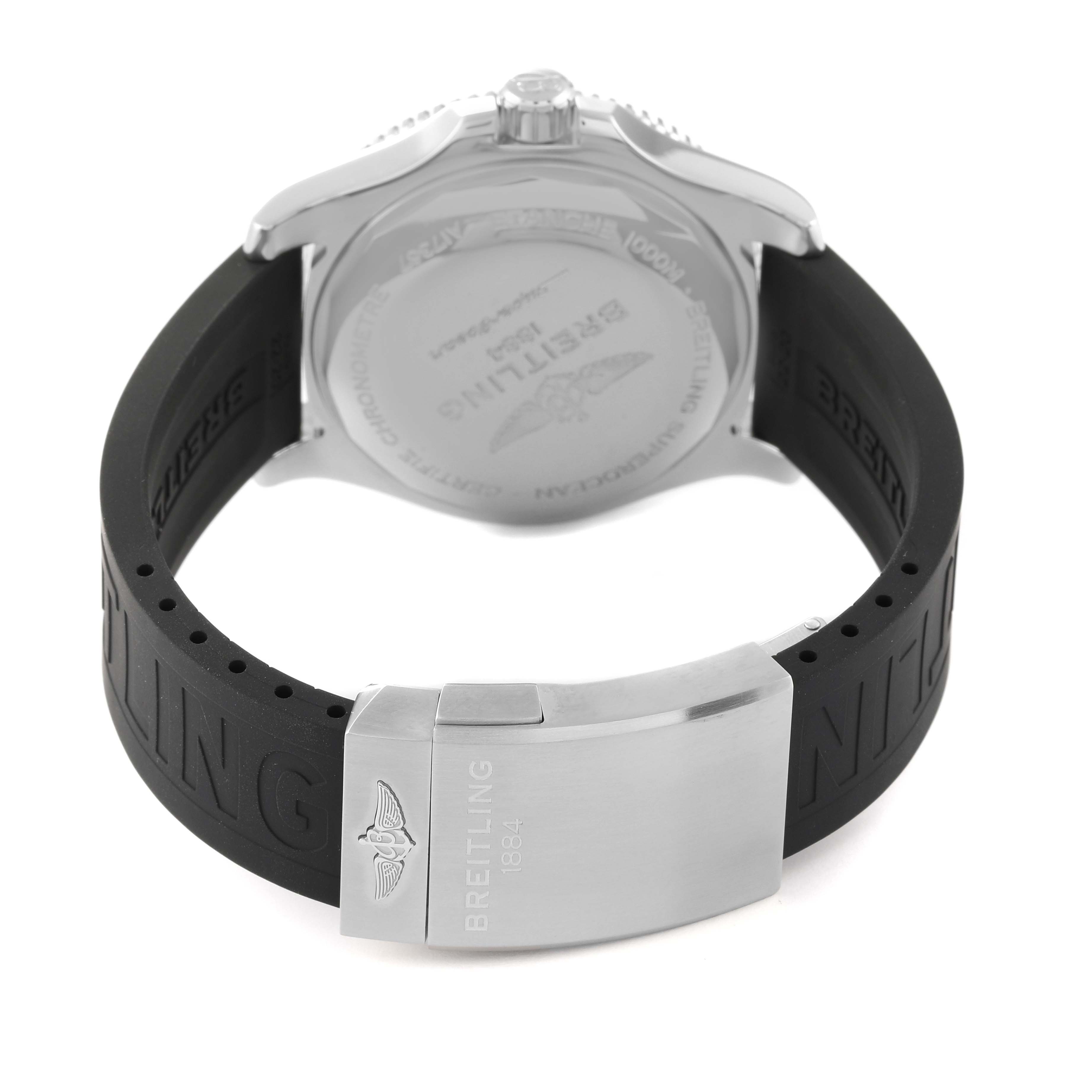 This image shows the back of a Breitling Superocean A17367 Men's Stainless Steel Yellow Dial A17367 Men's Stainless Steel Yellow Dial watch, highlighting the case back and black rubber strap with a metal clasp.