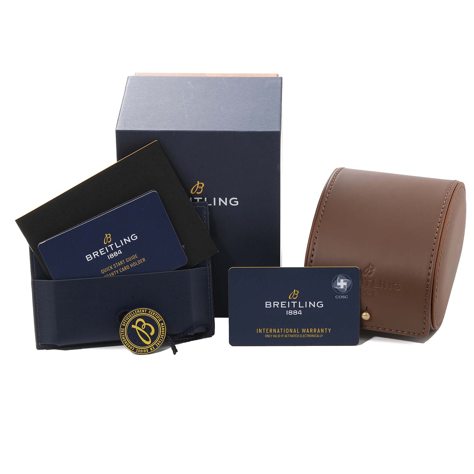 The image shows the packaging, warranty cards, a cardholder, and a brown leather case for the Breitling Superocean A17367 Men's Stainless Steel Yellow Dial A17367 Men's Stainless Steel Yellow Dial watch.