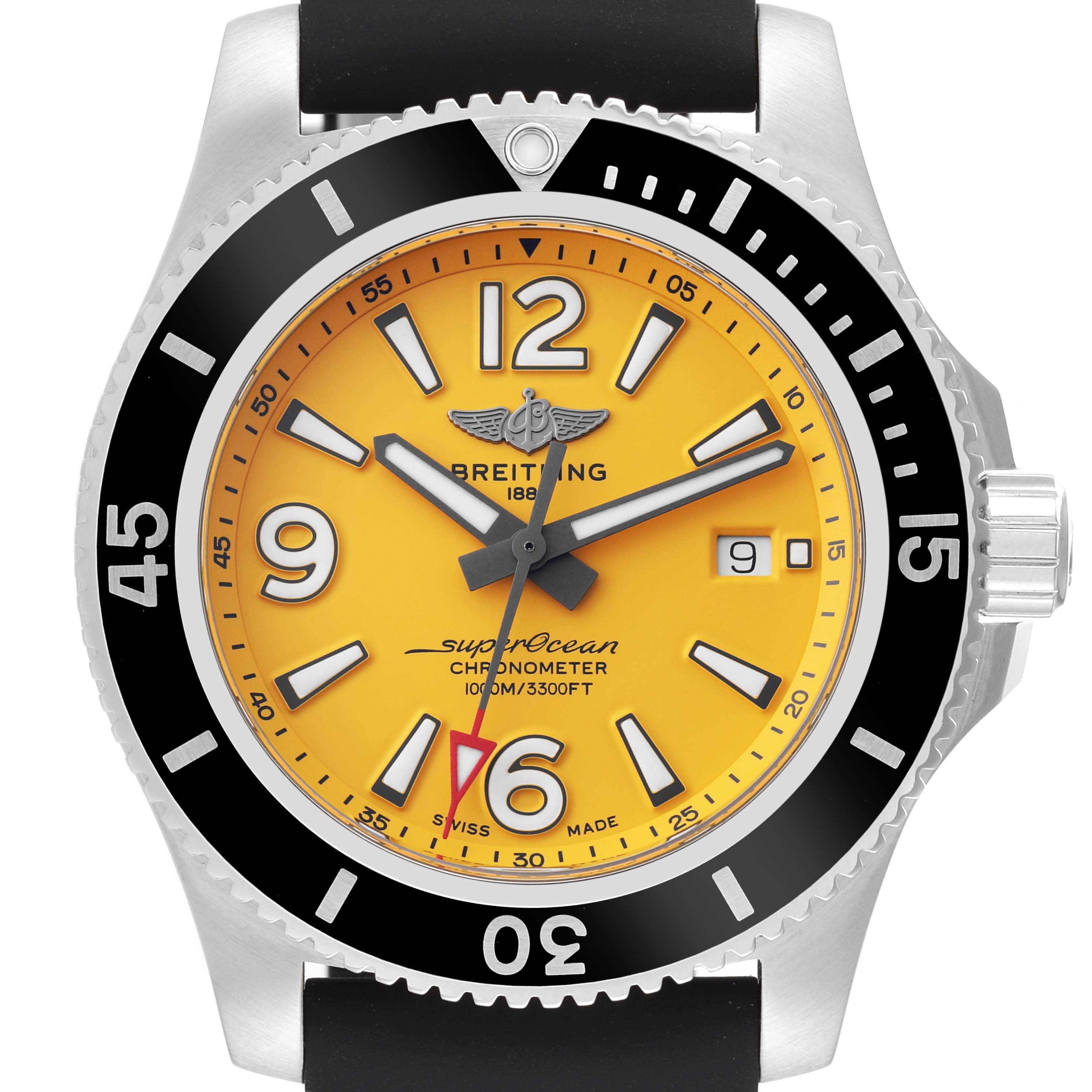 The image shows a Breitling Superocean A17367 Men's Stainless Steel Yellow Dial A17367 Men's Stainless Steel Yellow Dial watch from a front angle, featuring a yellow dial, black bezel, and silver casing.