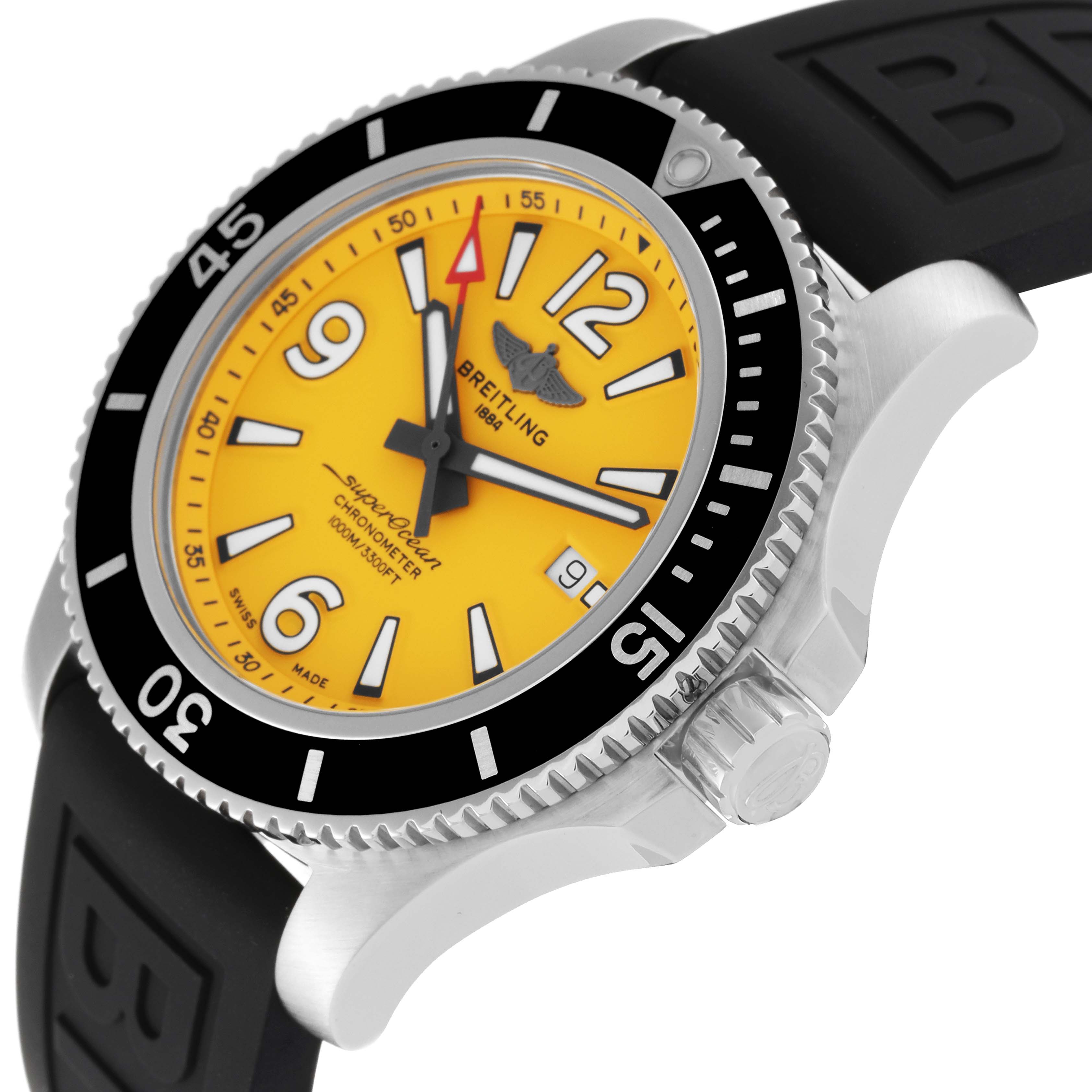 The Breitling Superocean A17367 Men's Stainless Steel Yellow Dial A17367 Men's Stainless Steel Yellow Dial watch is shown at a slight angle, displaying the dial, bezel, crown, and part of the strap.