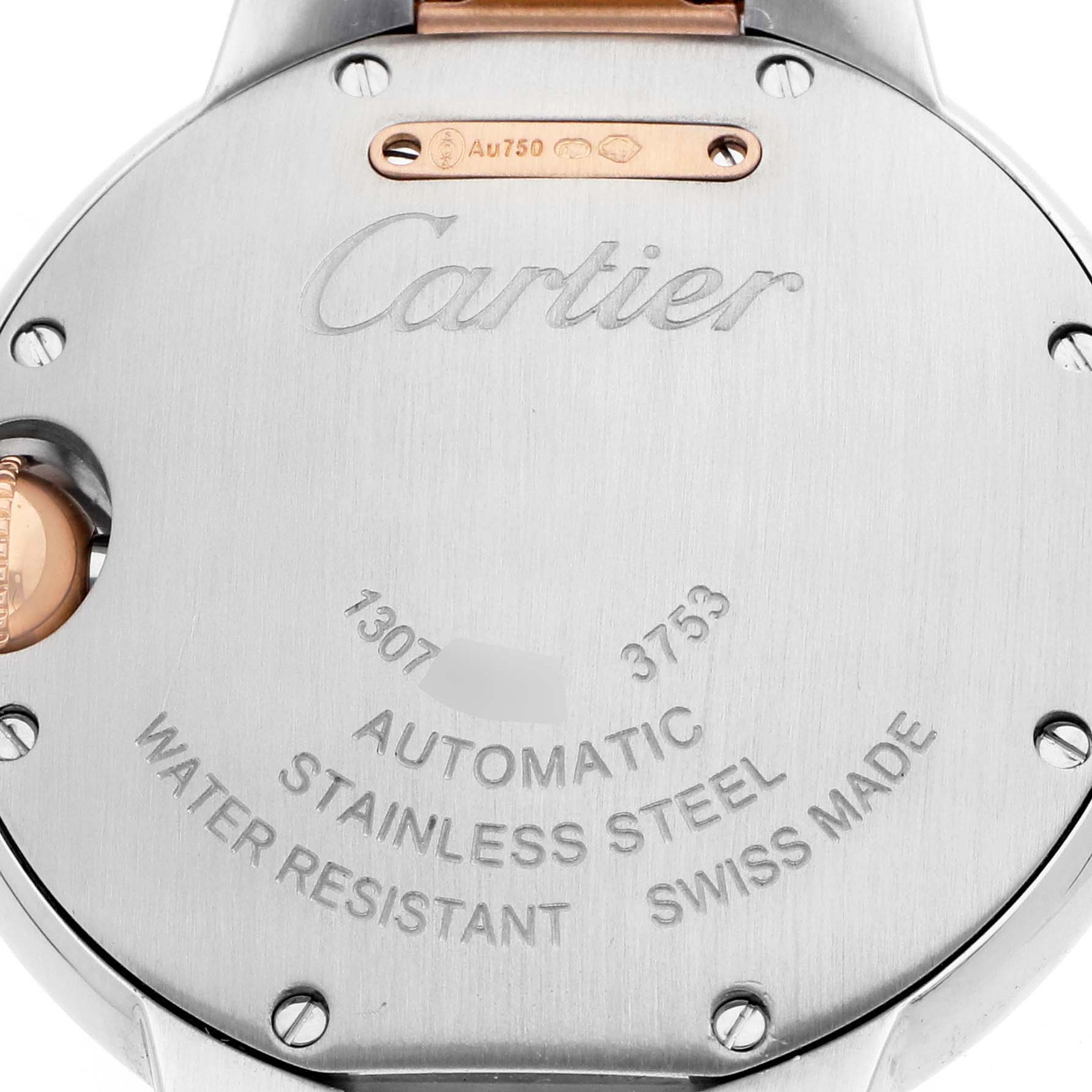 The image shows the back of the Cartier Ballon Bleu WE902080 Women's Steel and Gold (two tone) Silver Dial watch, highlighting its brushed metal finish and engraved details.