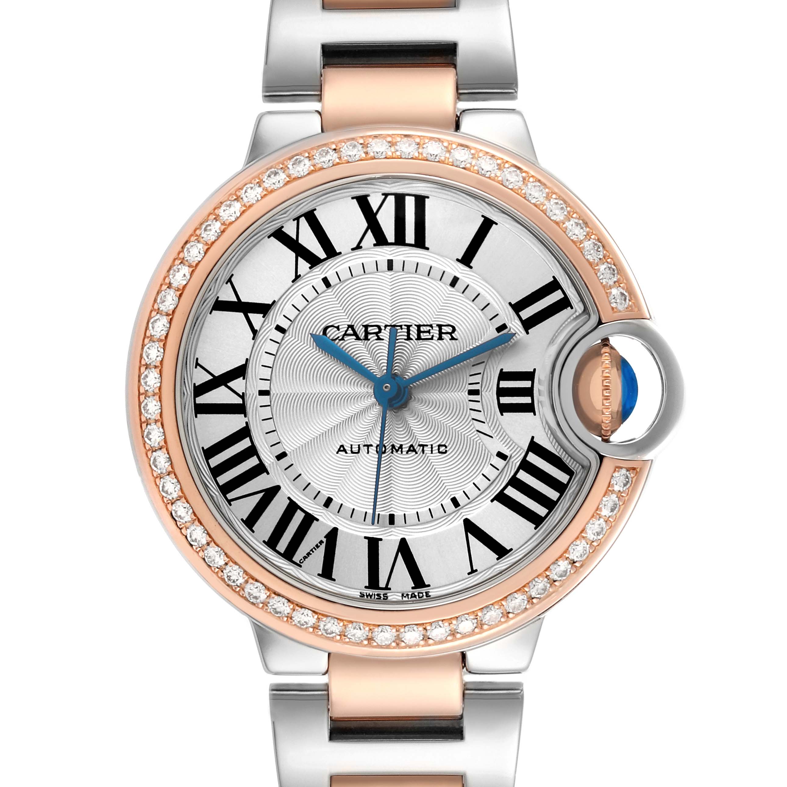 The Cartier Ballon Bleu WE902080 Women's Steel and Gold (two tone) Silver Dial watch is shown from the front, highlighting its round face, Roman numerals, and diamond bezel.
