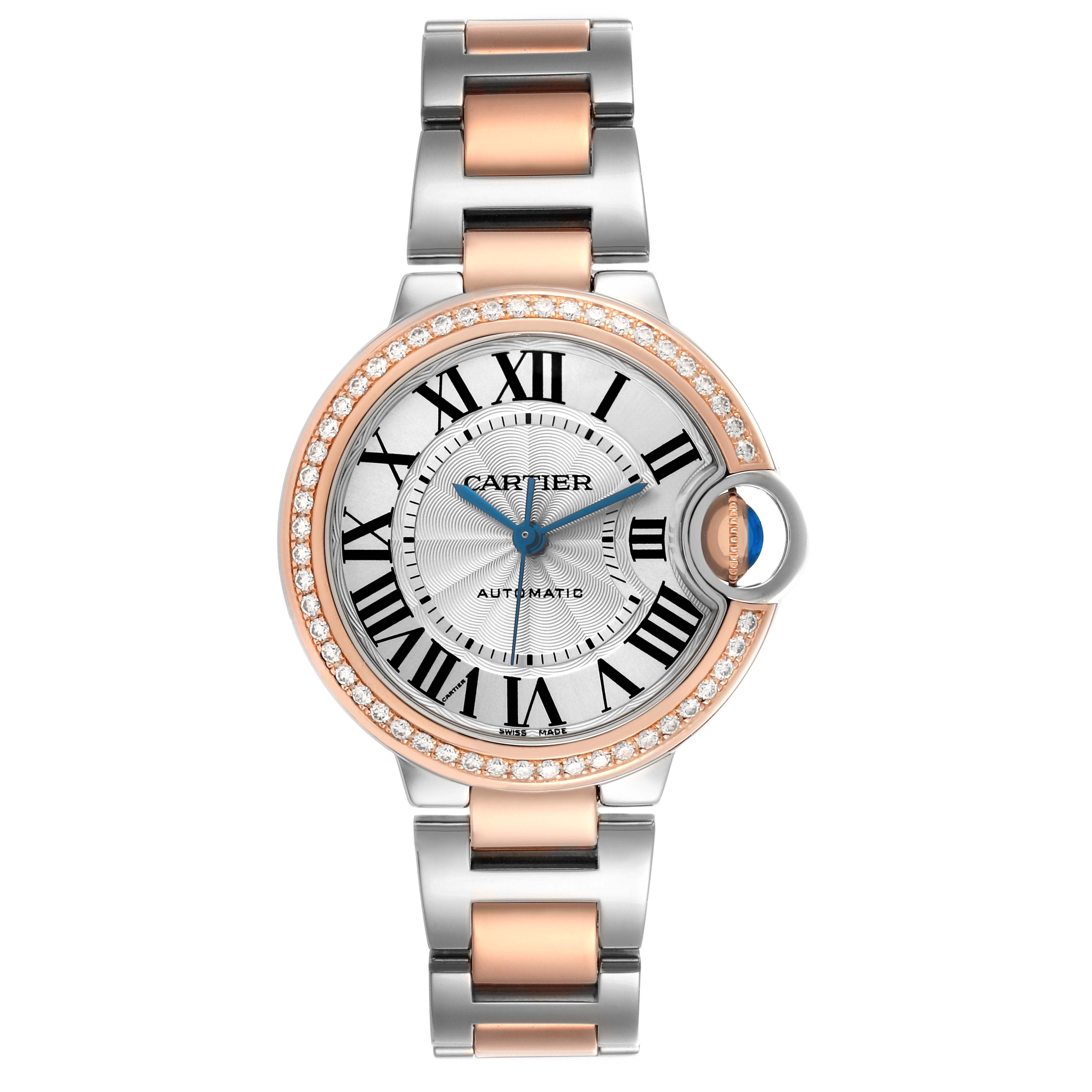 The Cartier Ballon Bleu WE902080 Women's Steel and Gold (two tone) Silver Dial watch is shown from a top view, displaying the face, bracelet, and diamond-set bezel.