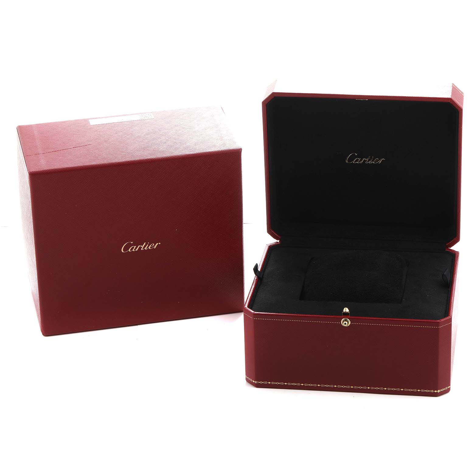 The image shows an open and closed Cartier Ballon Bleu WE902080 Women's Steel and Gold (two tone) Silver Dial watch box, highlighting the exterior and interior design.