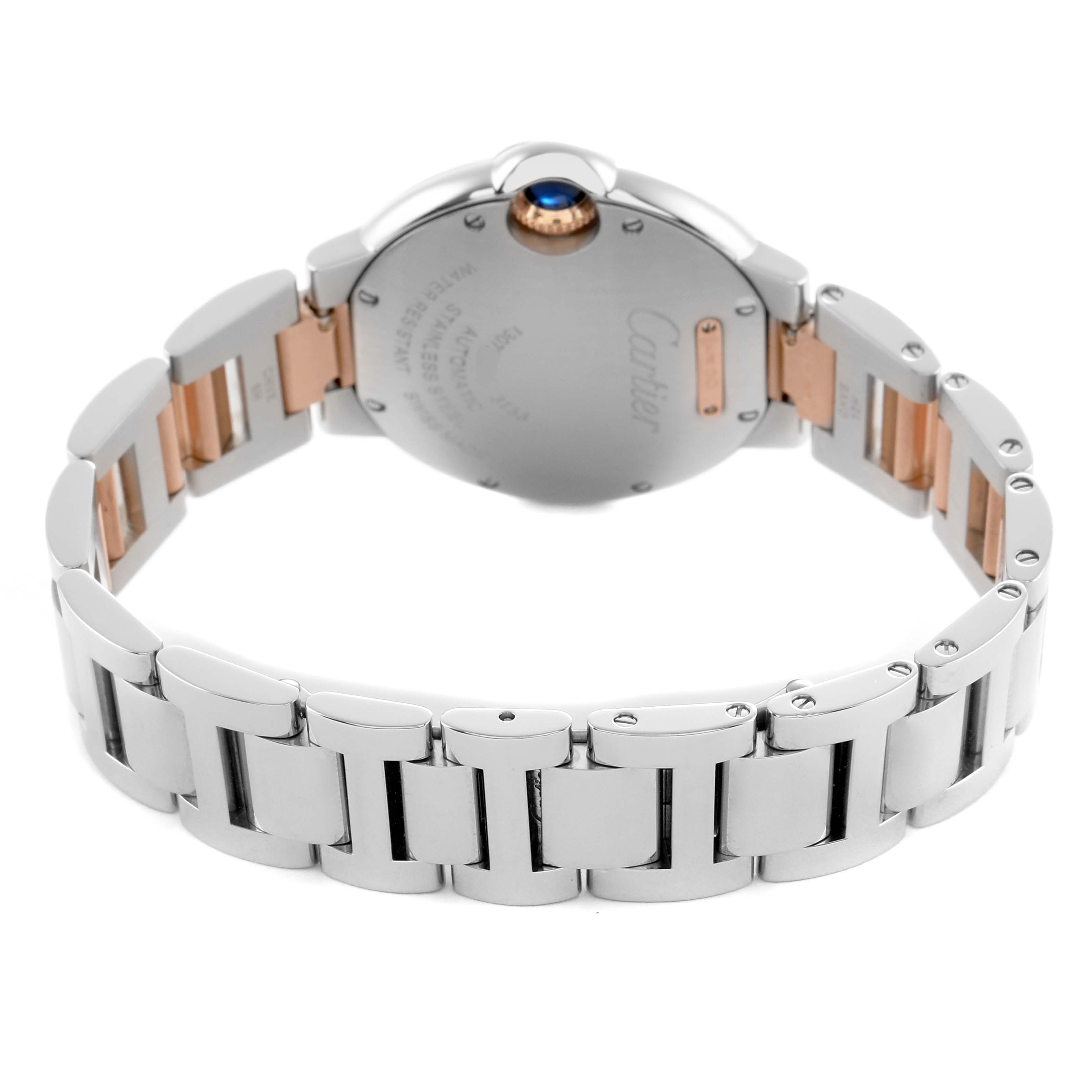The Cartier Ballon Bleu WE902080 Women's Steel and Gold (two tone) Silver Dial watch is shown from the back, highlighting the bracelet and case back with the crown visible.